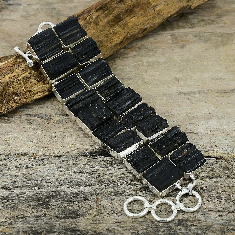 Black Tourmaline Rough Gemstone Silver Plated Handmade Bracelet Jewelry Adjustable Chain Bracelet Healing Stone Bracelet Gift For Her