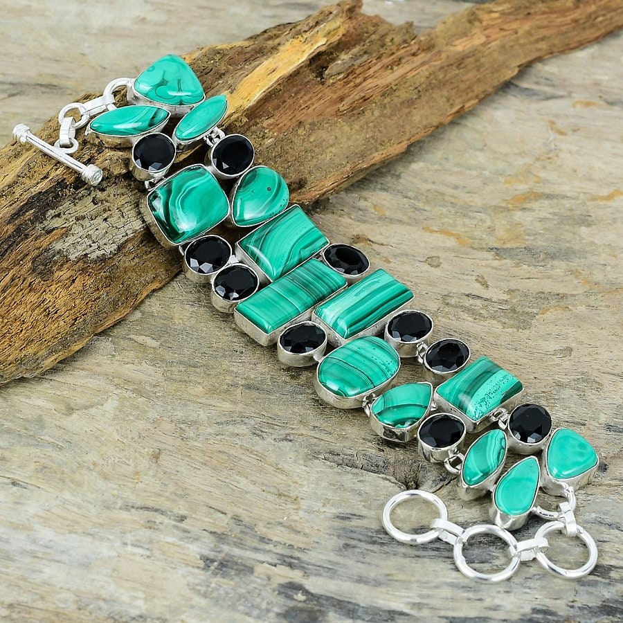 Malachite Bracelet, Malachite & Spinel Gemstone Silver Plated Statement Bracelet Jewelry, Adjustable Chain Bracelet Women Gift Jewelry