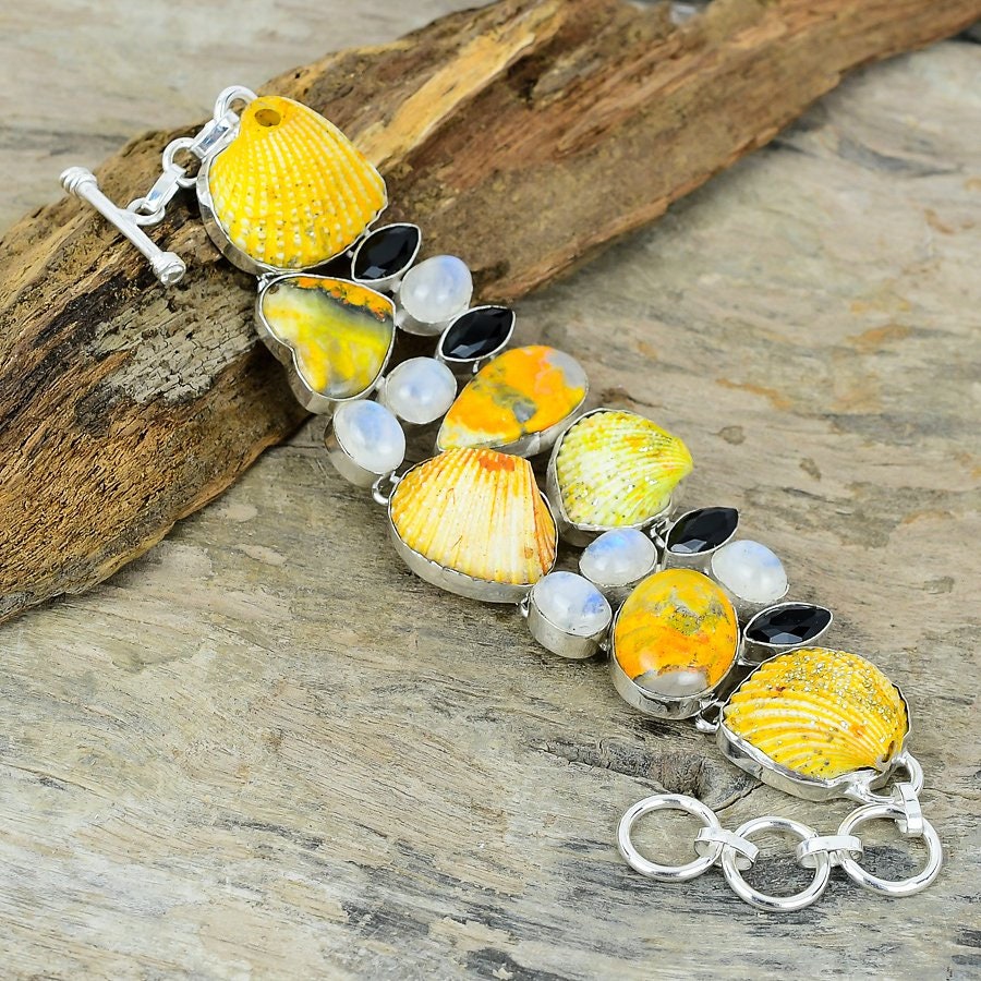 Bumble Bee Jasper Oyster Shell Rainbow Moonstone Spinel Gemstone Silver Plated Bracelet, Gemstone Bracelet Jewelry, Party Wear Jewelry