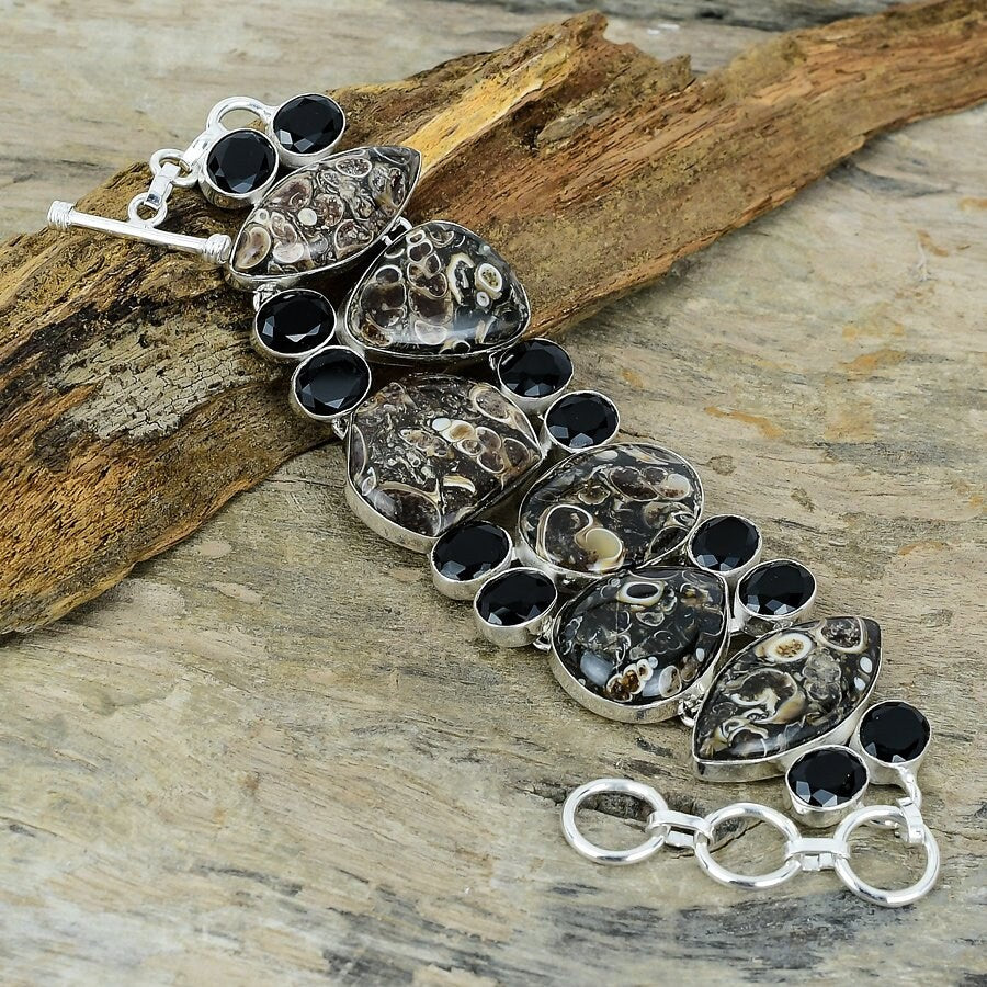 Agate Bracelet, Turritella Agate Spinel Bracelet Silver Plated Gemstone Bracelet Jewelry Adjustable Chain Unique Designer Link Bracelet