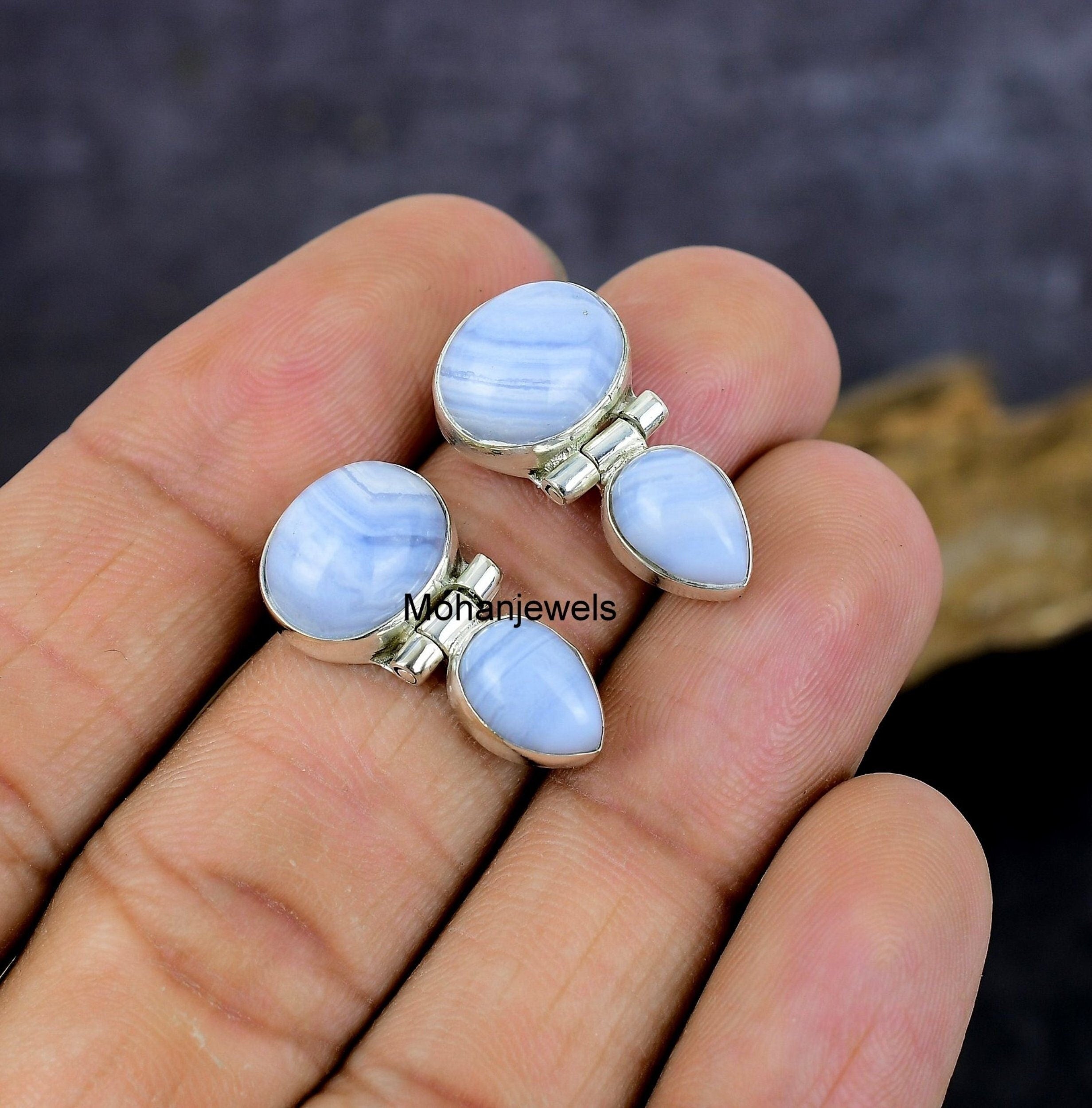 Agate Earrings, Blue Lace Agate Gemstone Silver Earring, Handmade Artisan Stud Earring, Natural Stone Boho Earrings, Gift for her