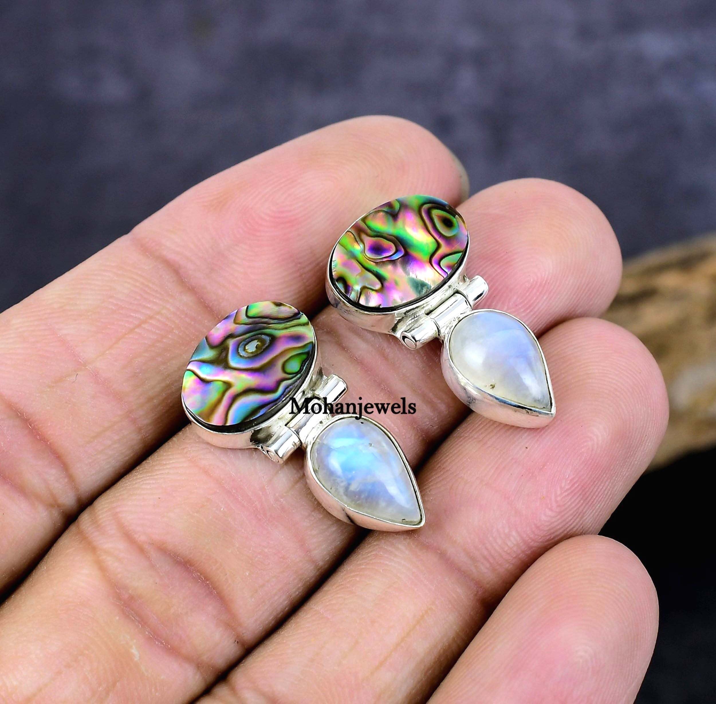 Abalone Earrings, Abalone Puha Shell Moonstone Silver Earrings, Small Stud Earring, Boho Earrings, Unique Anniversary Gift's For Girl's