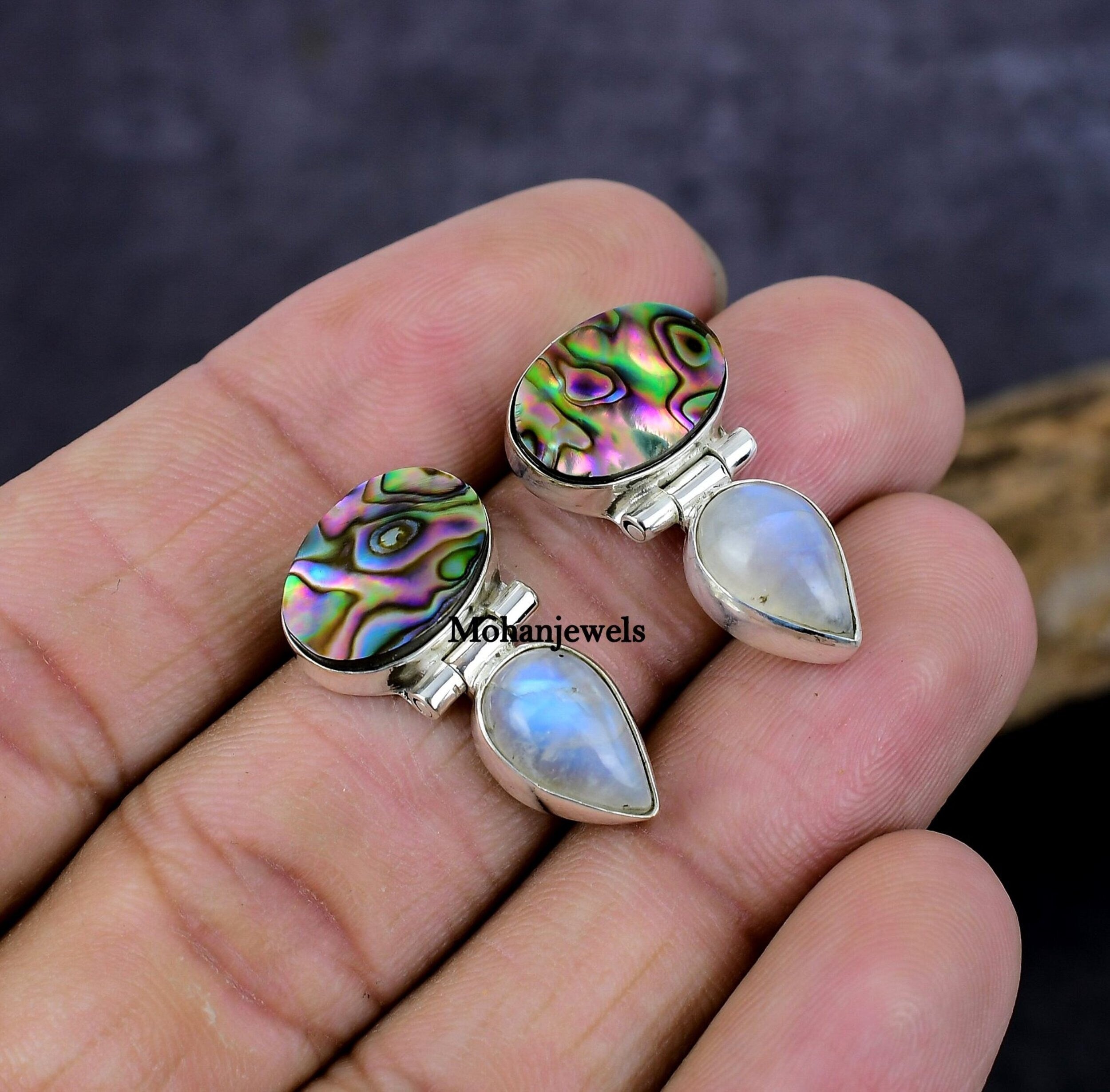 Abalone Earrings, Abalone Puha Shell Moonstone Silver Earrings, Small Stud Earring, Boho Earrings, Unique Anniversary Gift's For Girl's