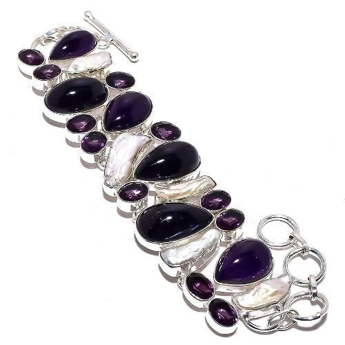 Amethyst Bracelet, Amethyst Biwa Pearl Gemstone Silver Plated Bracelet, Vintage Jewelry, Amethyst Jewelry, Crystal Bracelet