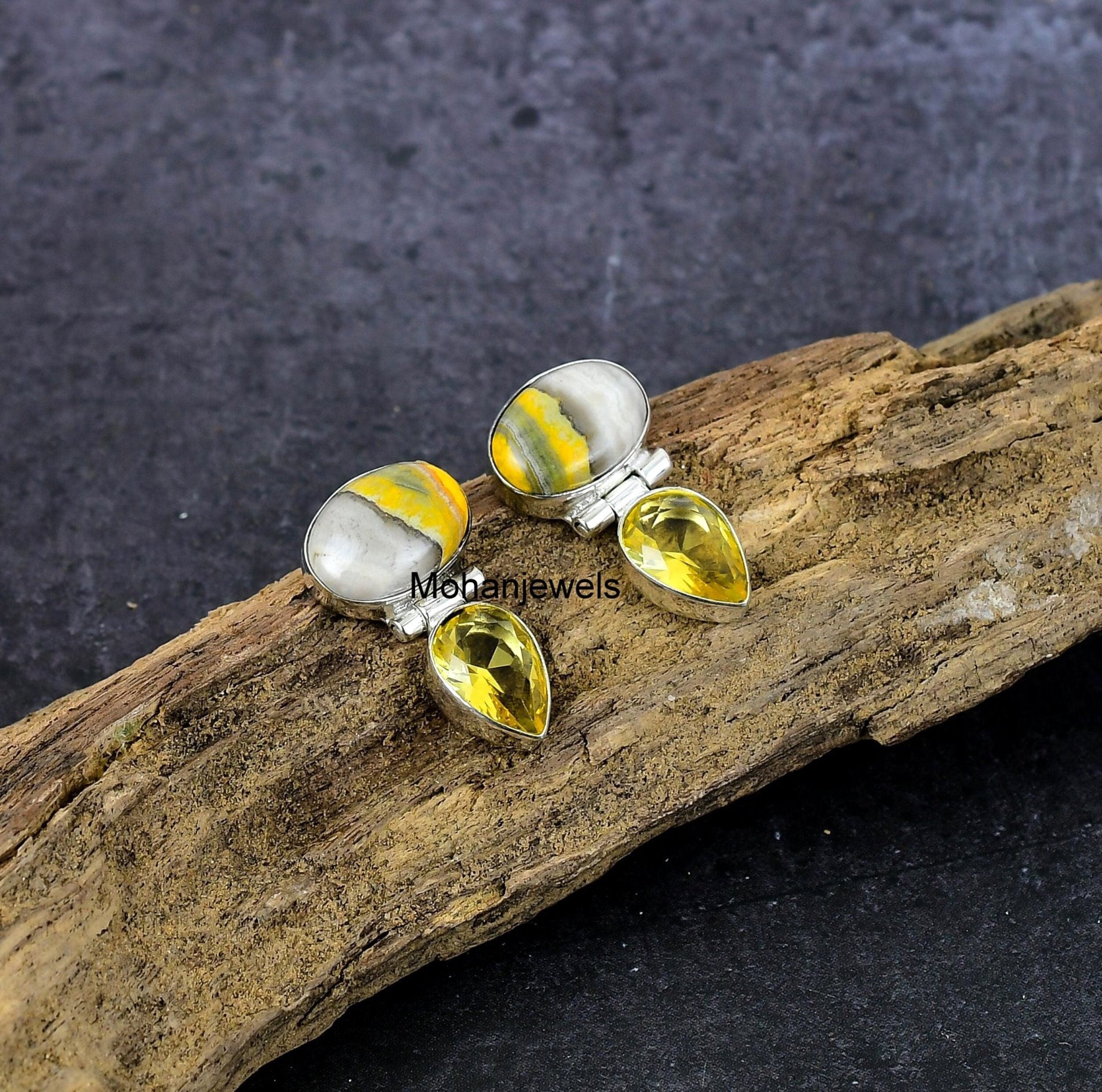 Bumble Bee Jasper Earrings, Bumblebee Jasper Citrine Silver Earring, Handmade Stud Earrings, Yellow Jasper Stone, Anniversary Gift's For Her