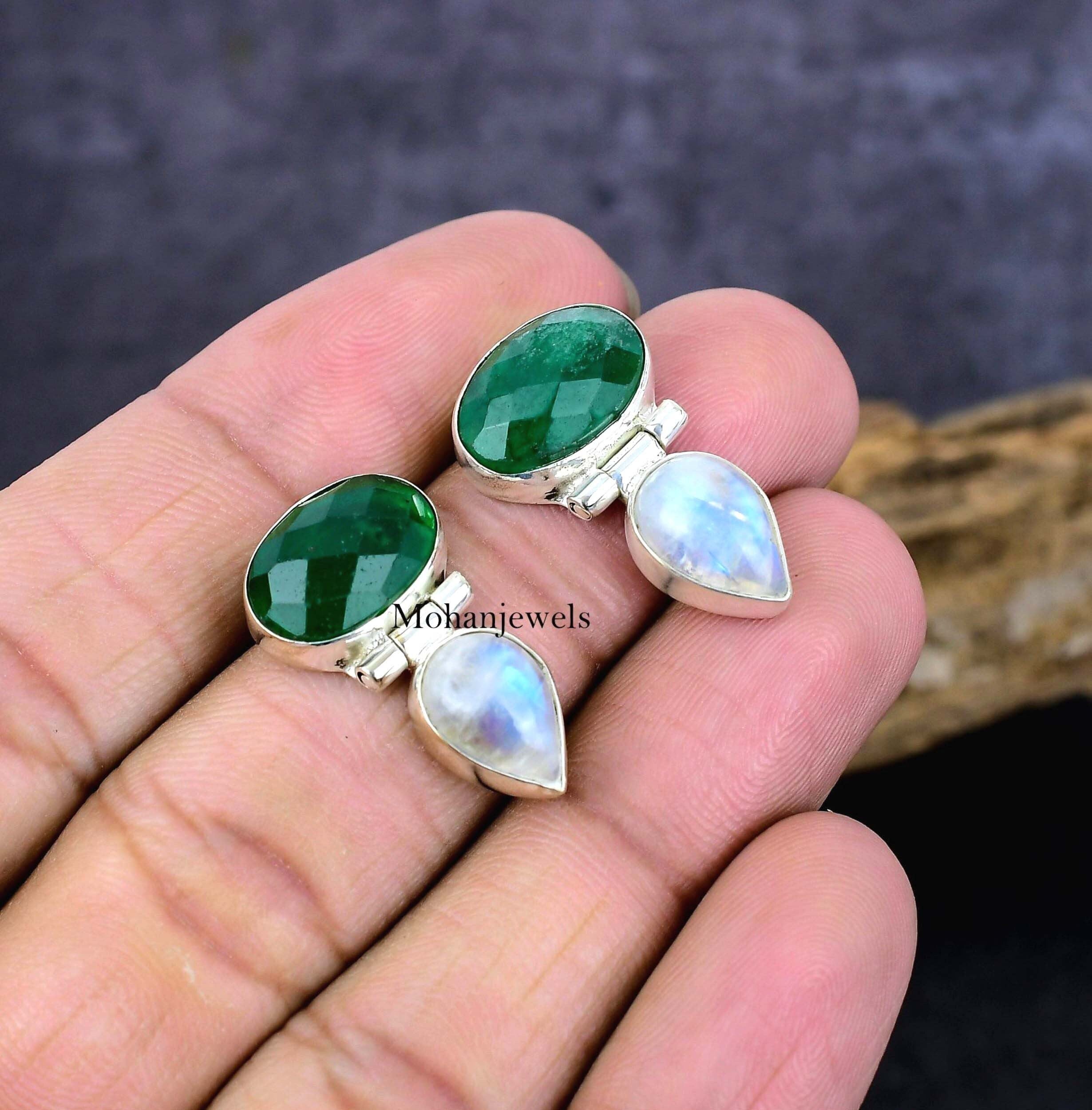 Emerald Earrings, Indian Emerald & Rainbow Moonstone Silver Earring, Sakota Mine Emerald, Handmade Small Stud Jewelry, Women Birthday's Gift