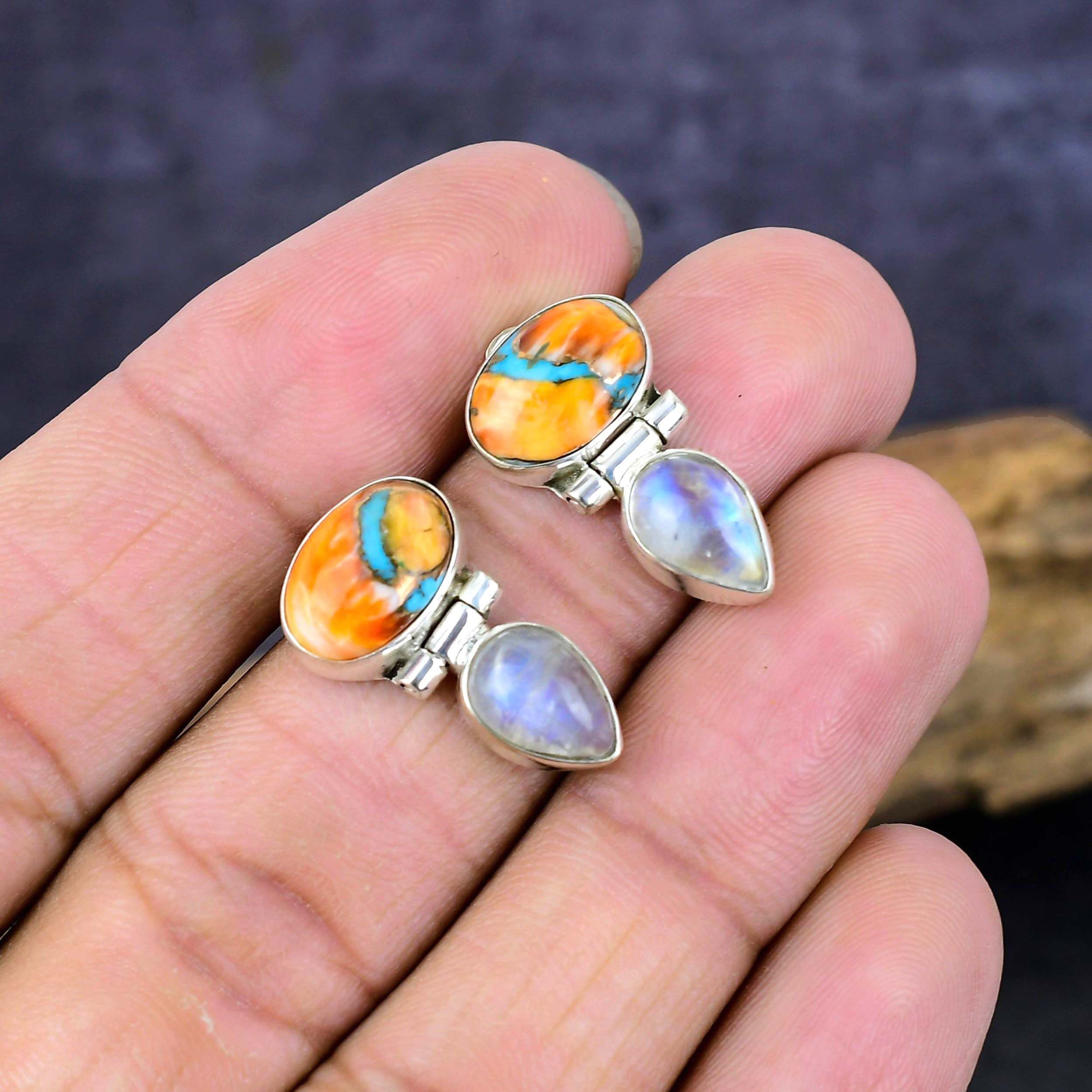 Turquoise Earrings, Kingman Pink Oyster Turquoise Moonstone Silver Earring, Multi Colour Turquoise Stud, Spiny Oyster Turquoise Gift Earring