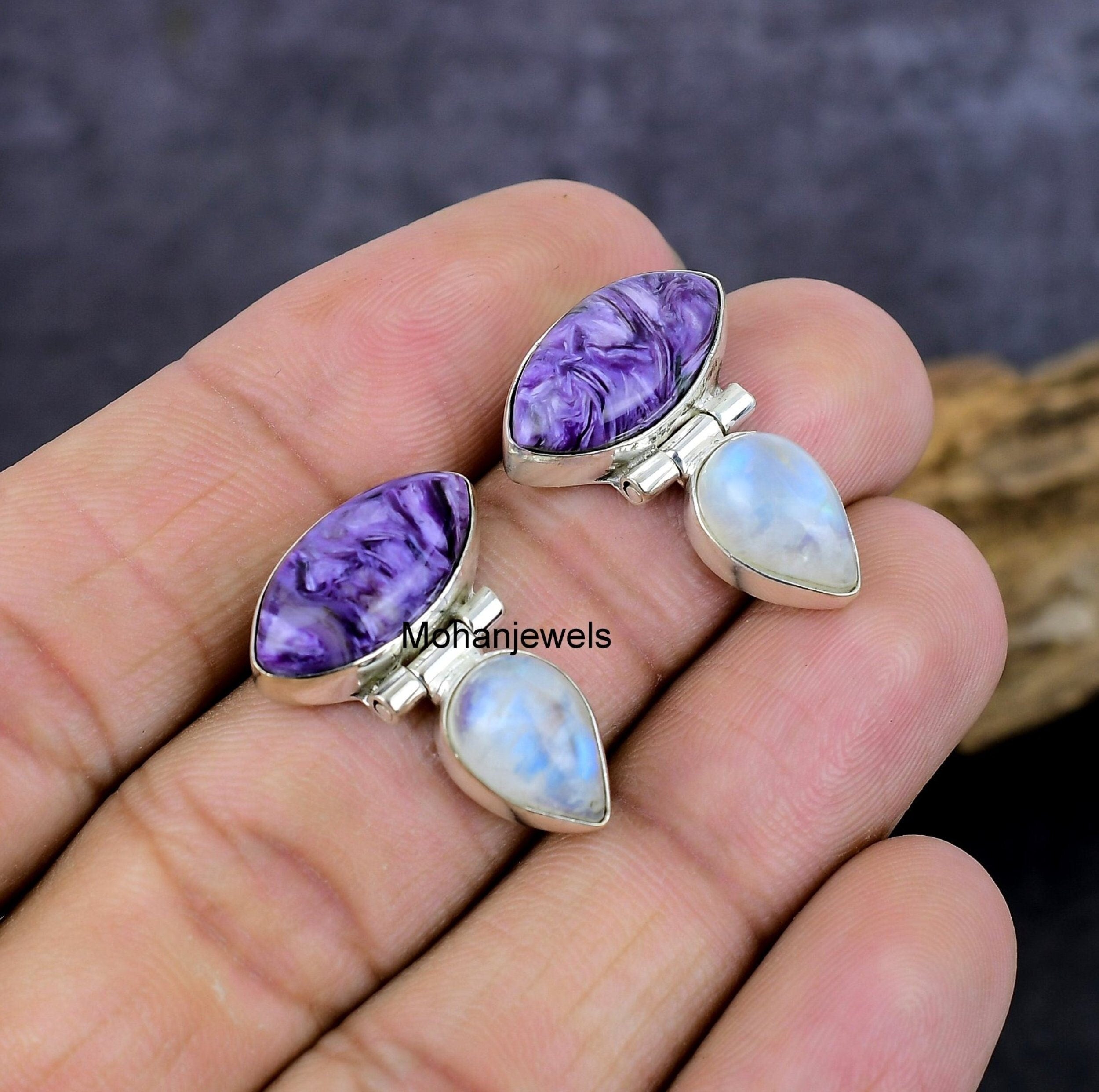 Charoite Earring, Charoite & Moonstone Silver Earrings, Handmade Stud Earrings, Purple Charoite Ethnic Jewelry, Anniversary Gift For Her