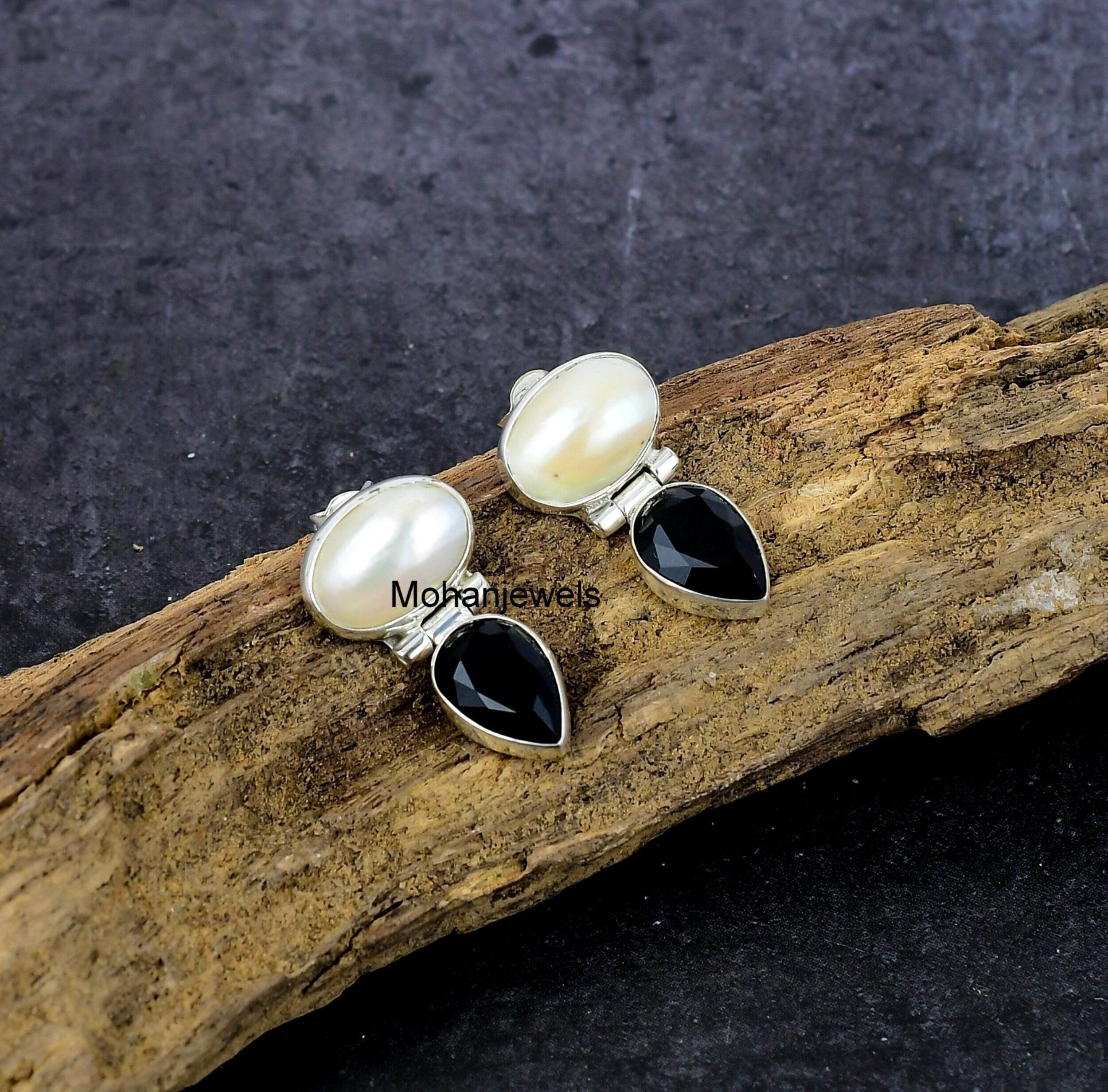 Pearl Earrings, Natural Pearl & Black Onyx Silver Earring, Ivory Mabe Pearl Stud, Unique Handmade Earrings, Women's Anniversary Gift Earring