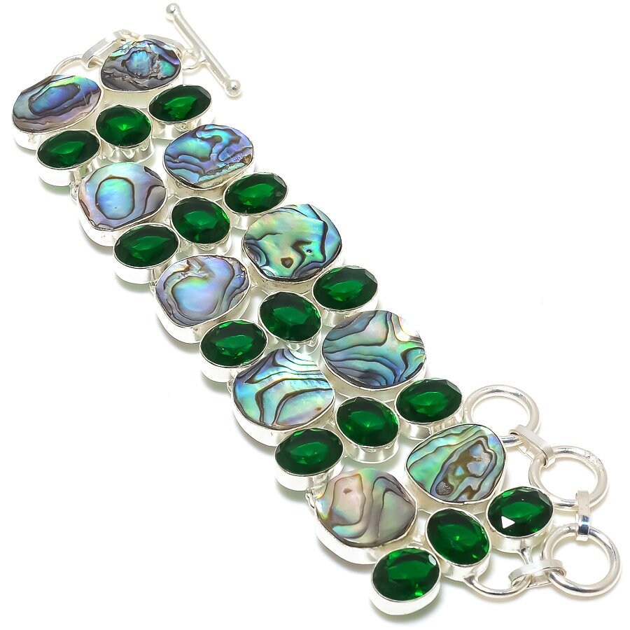 Abalone Shell Bracelet, Silver Plated Bracelet, Rainbow Abalone Shell Chrome Diopside Gemstone Bracelet, Unique Designer Bracelet Jewelry