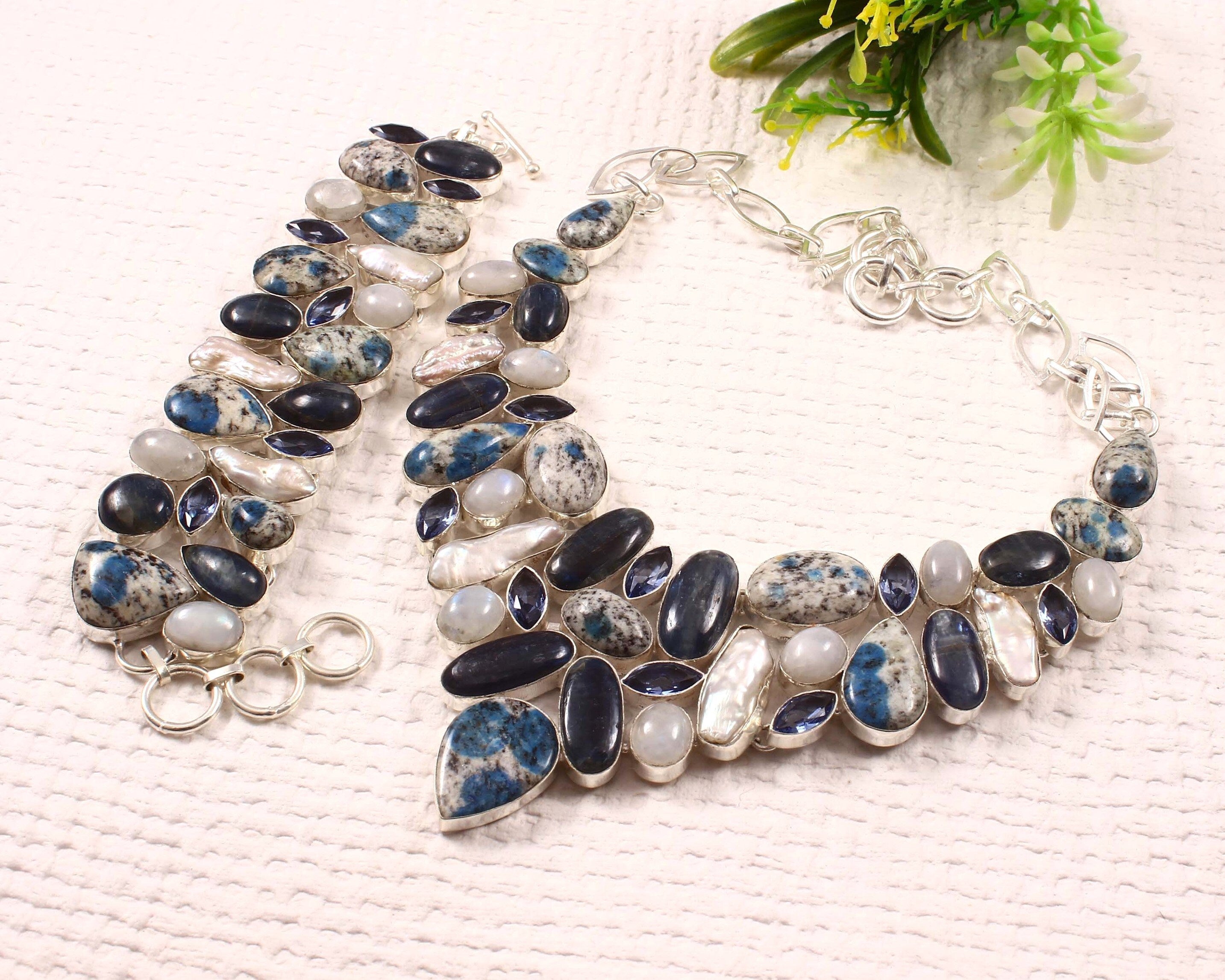 Kyanite Necklace, Blue Kyanite K2 Jasper & Pearl Necklace Bracelet, Multi Stone Handmade Jewelry,  Raindrop Azurite, Unique Designer Jewelry