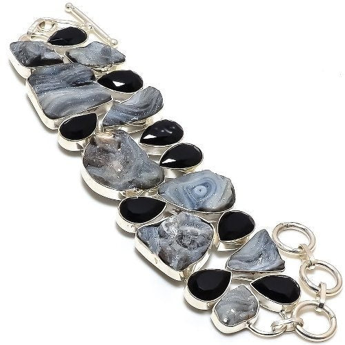 Desert Agate Druzy Black Spinel Silver Plated Bracelet, Unique Designer Jewelry, Adjustable Statement Bracelet, Black Stone Bracelet Gift