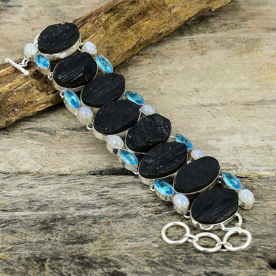 Black Tourmaline Rough Rainbow Moonstone Blue Topaz Gemstone Silver Plated Bracelet Jewelry Adjustable Chain Healing Stone Bracelet