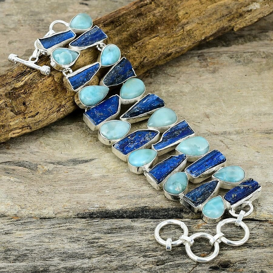 Blue Kyanite Rough & Larimar Gemstone Silver Plated Handmade Bracelet Jewelry Adjustable Chain Bracelet, Wedding Gift Jewelry