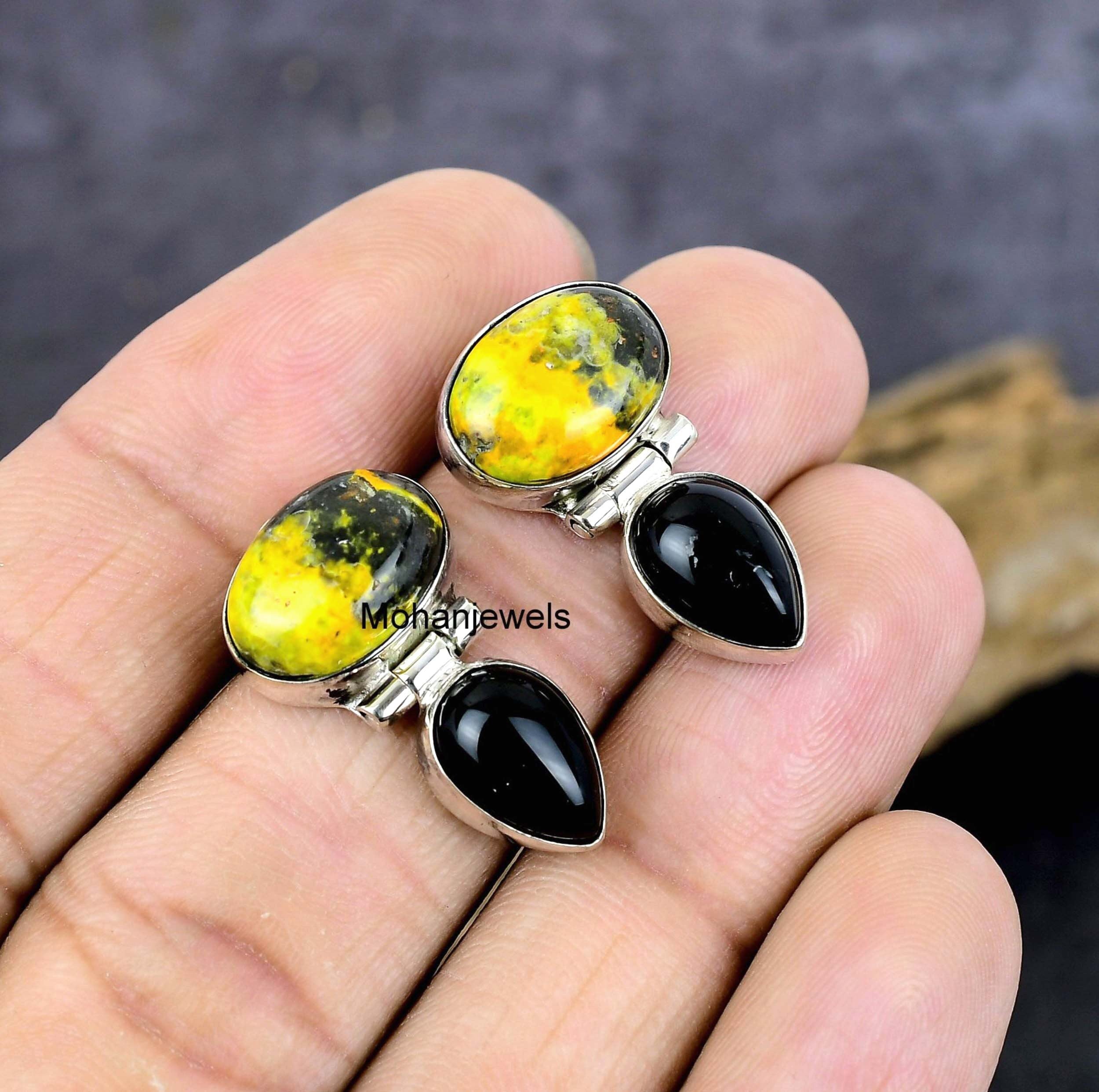 Bumble Bee Jasper Earrings, Bumblebee Jasper Black Onyx Silver Earring, Handmade Stud Earrings, Yellow Jasper Stone, Birthday Gift's For Her