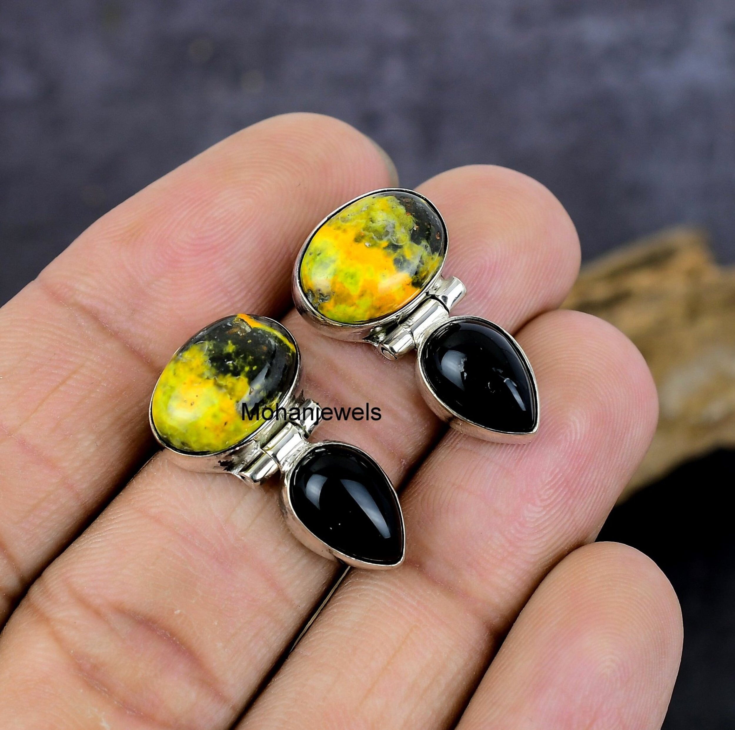 Bumble Bee Jasper Earrings, Bumblebee Jasper Black Onyx Silver Earring, Handmade Stud Earrings, Yellow Jasper Stone, Birthday Gift's For Her