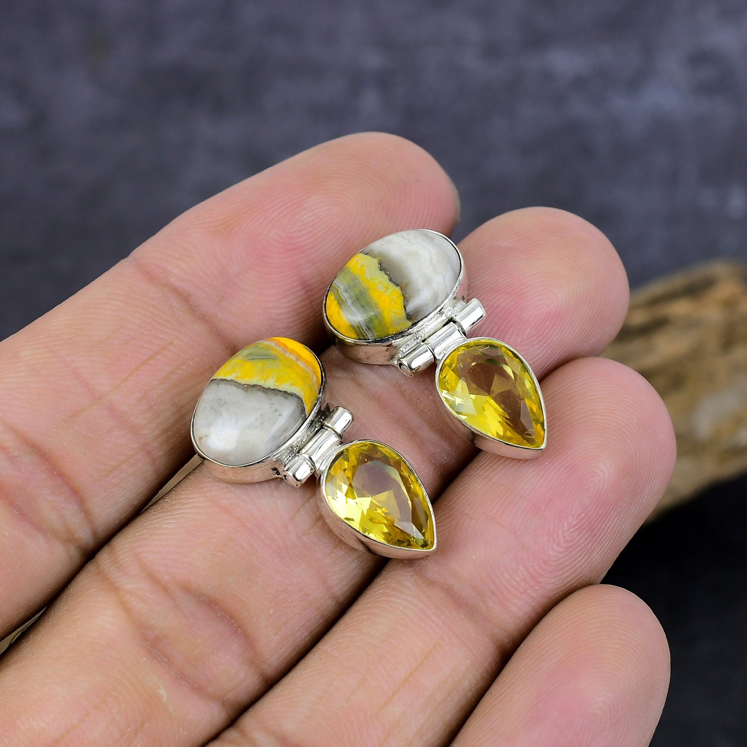 Bumble Bee Jasper Earrings, Bumblebee Jasper Citrine Silver Earring, Handmade Stud Earrings, Yellow Jasper Stone, Anniversary Gift's For Her