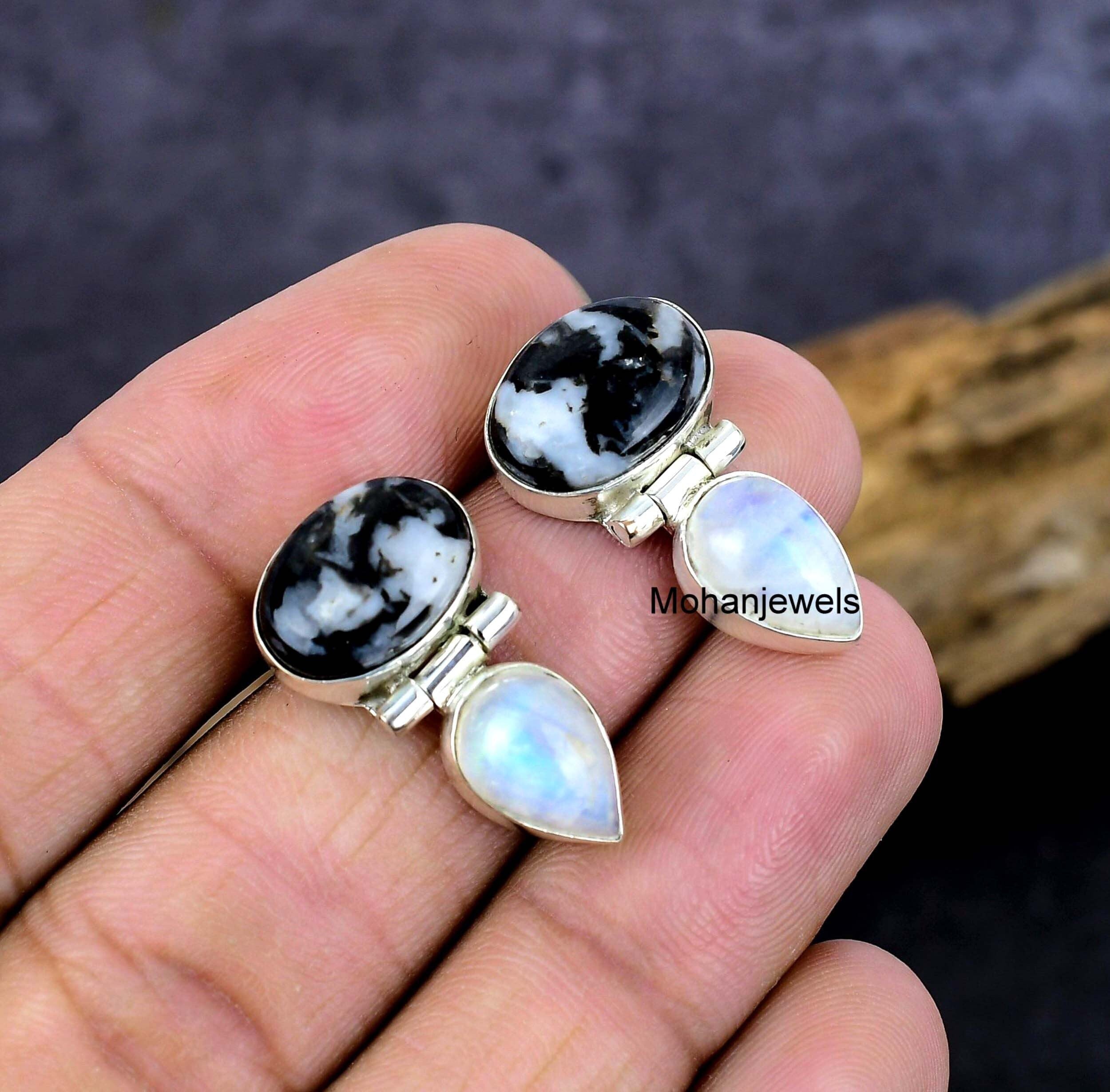 Turquoise Earrings, White Buffalo Turquoise Moonstone Silver Earring, White & Black Turquoise Stud, Western Style Silver Stud Birthday Gift