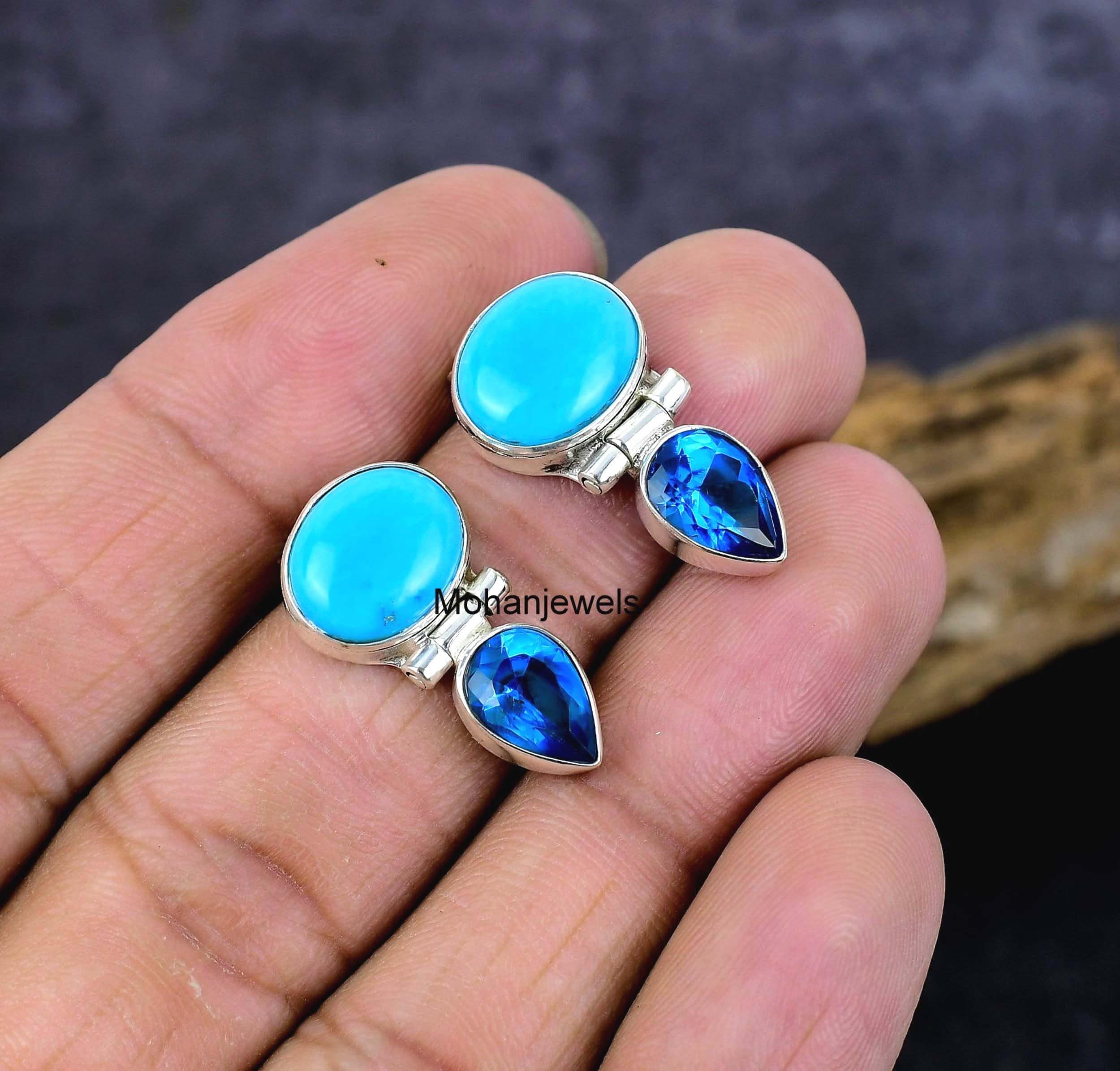 Turquoise Earrings, Sleeping Beauty Turquoise & Topaz Silver Earrings, Handmade Stud Earring, Unique Bohemian Anniversary Gift's For Women