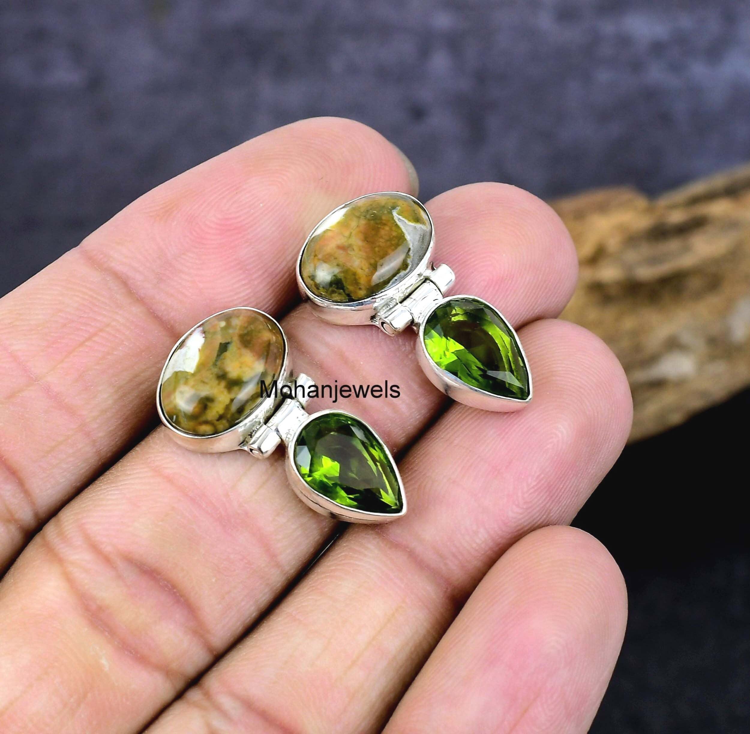 Jasper Earrings, Natural Rainforest Jasper Peridot Silver Earring, Rhyolite Opal Stud Earrings, Bohemian Gypsy Anniversary Gift Earrings