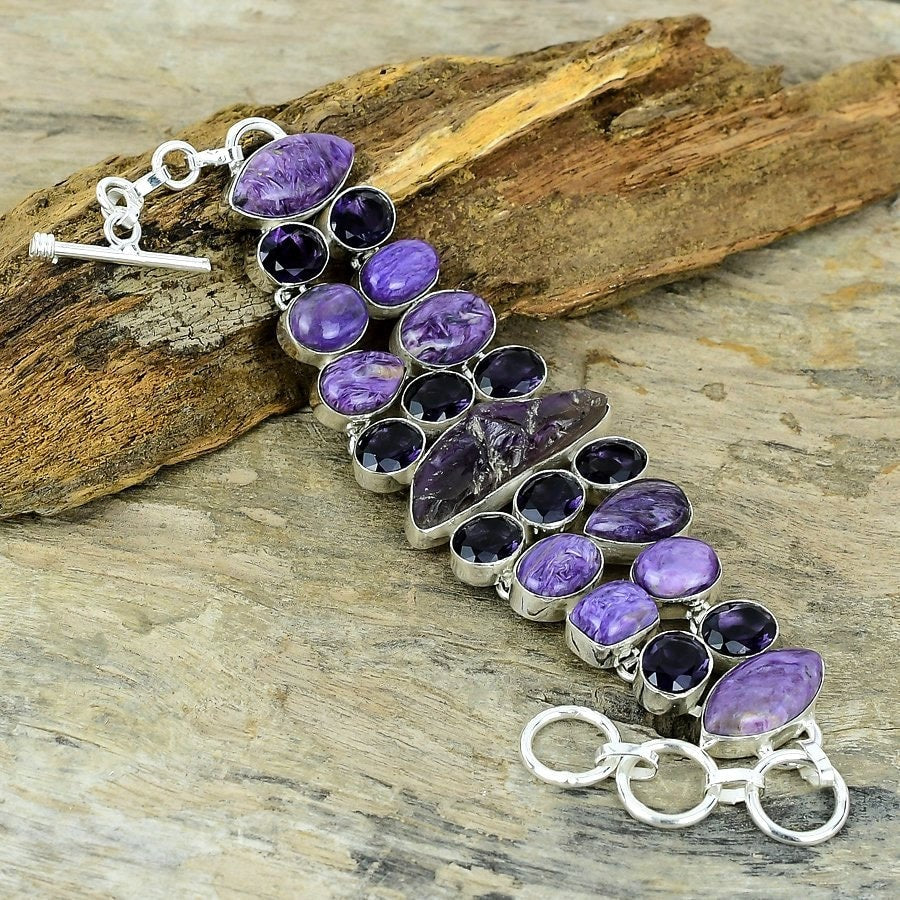 Ametrine Raw Charoite & Iolite Bracelet Silver Plated Gemstone Jewelry Adjustable Chain Healing Stone Bracelet Gift For Her