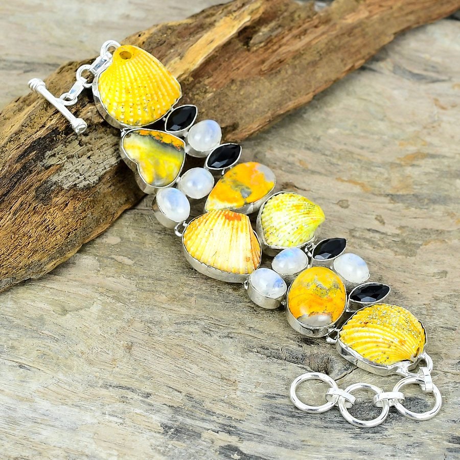 Bumble Bee Jasper Oyster Shell Rainbow Moonstone Spinel Gemstone Silver Plated Bracelet, Gemstone Bracelet Jewelry, Party Wear Jewelry