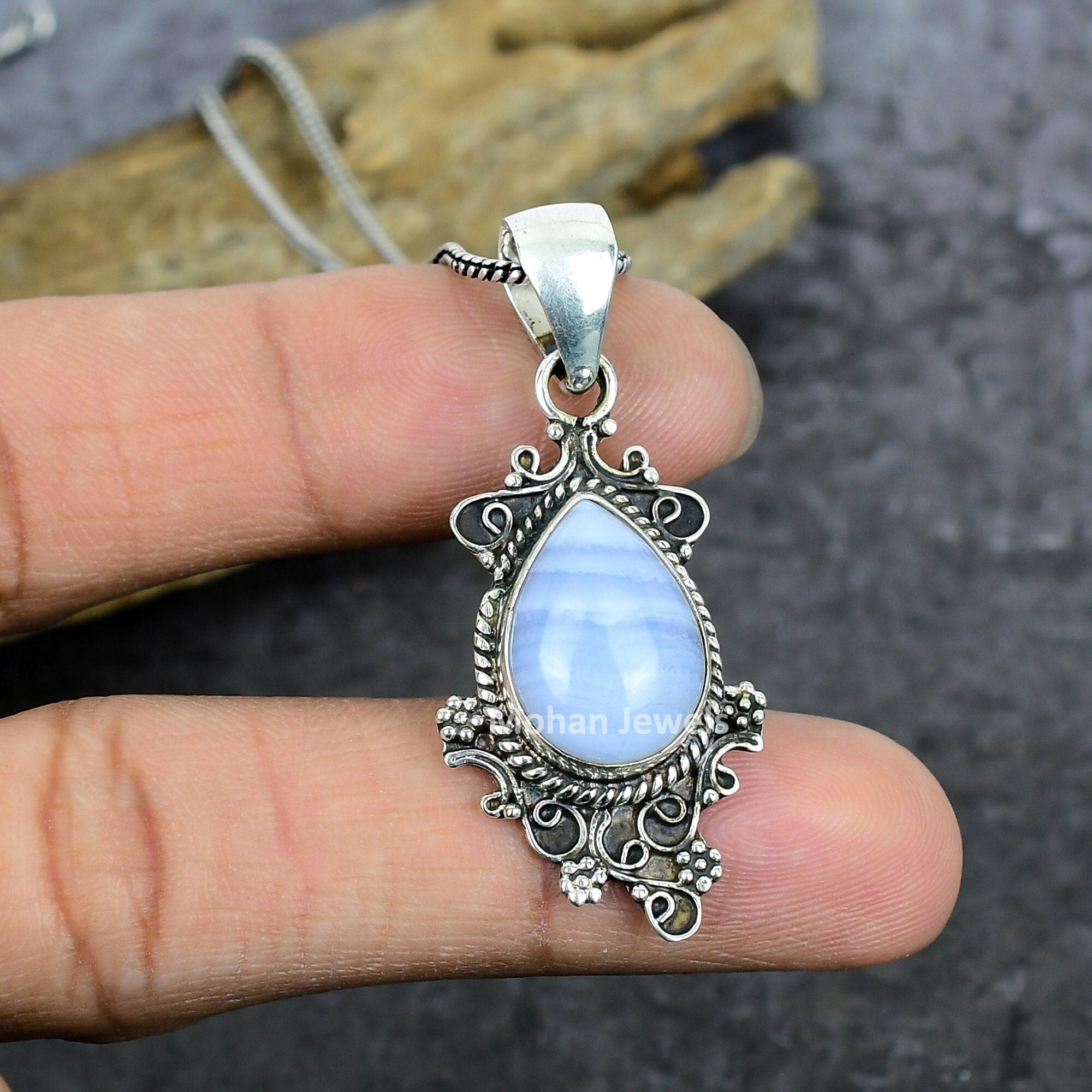 Blue Lace Agate Pendant, Silver Plated Gemstone Pendant, Pendant with Chain, Vintage Pendant Jewelry, Unique Designer Pendant, Gift for Wife