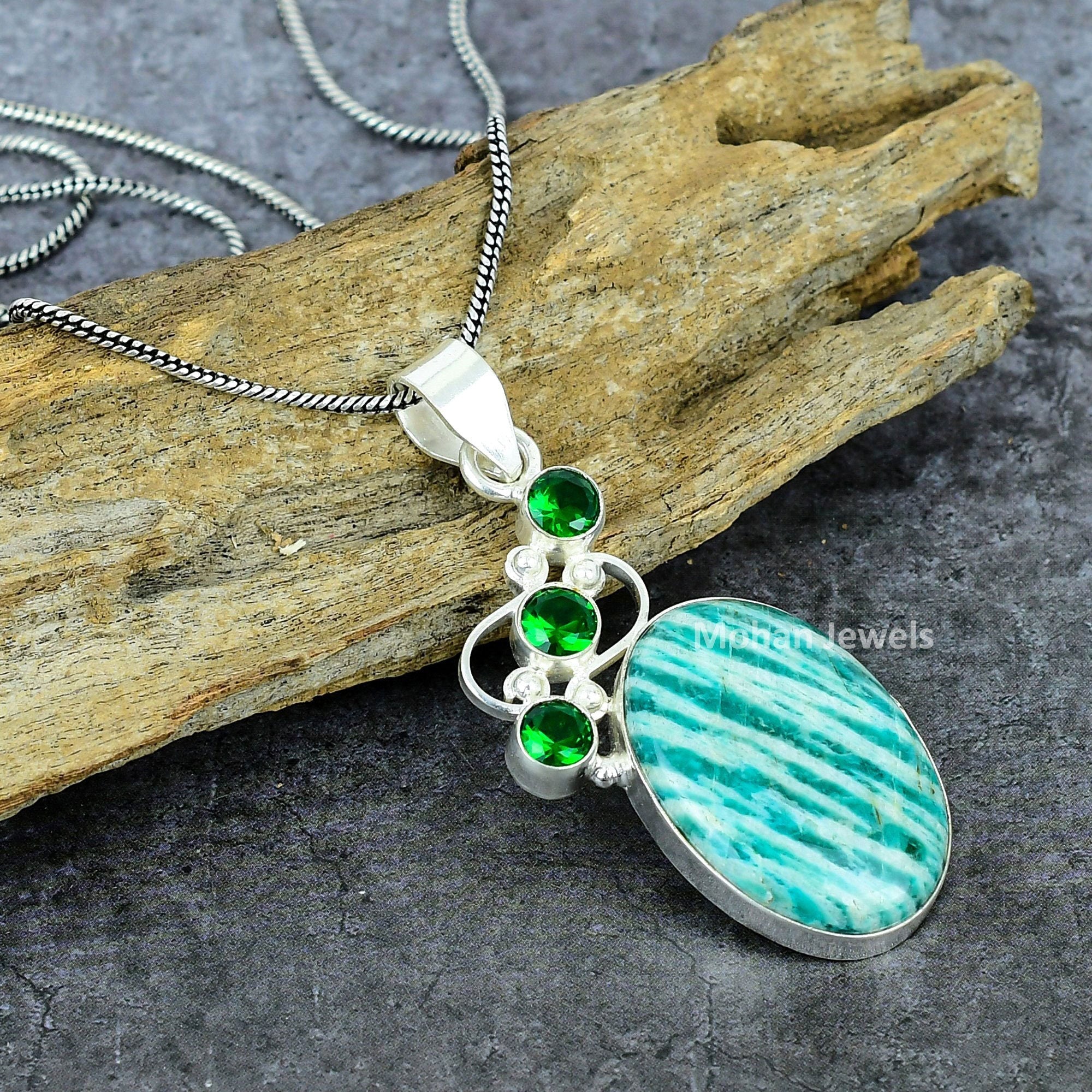 Amazonite Pendant, Silver Plated Gemstone Pendant, Pendant with Chain, Bohemian Pendant Jewelry, Peridot Pendant, Gift for Mother