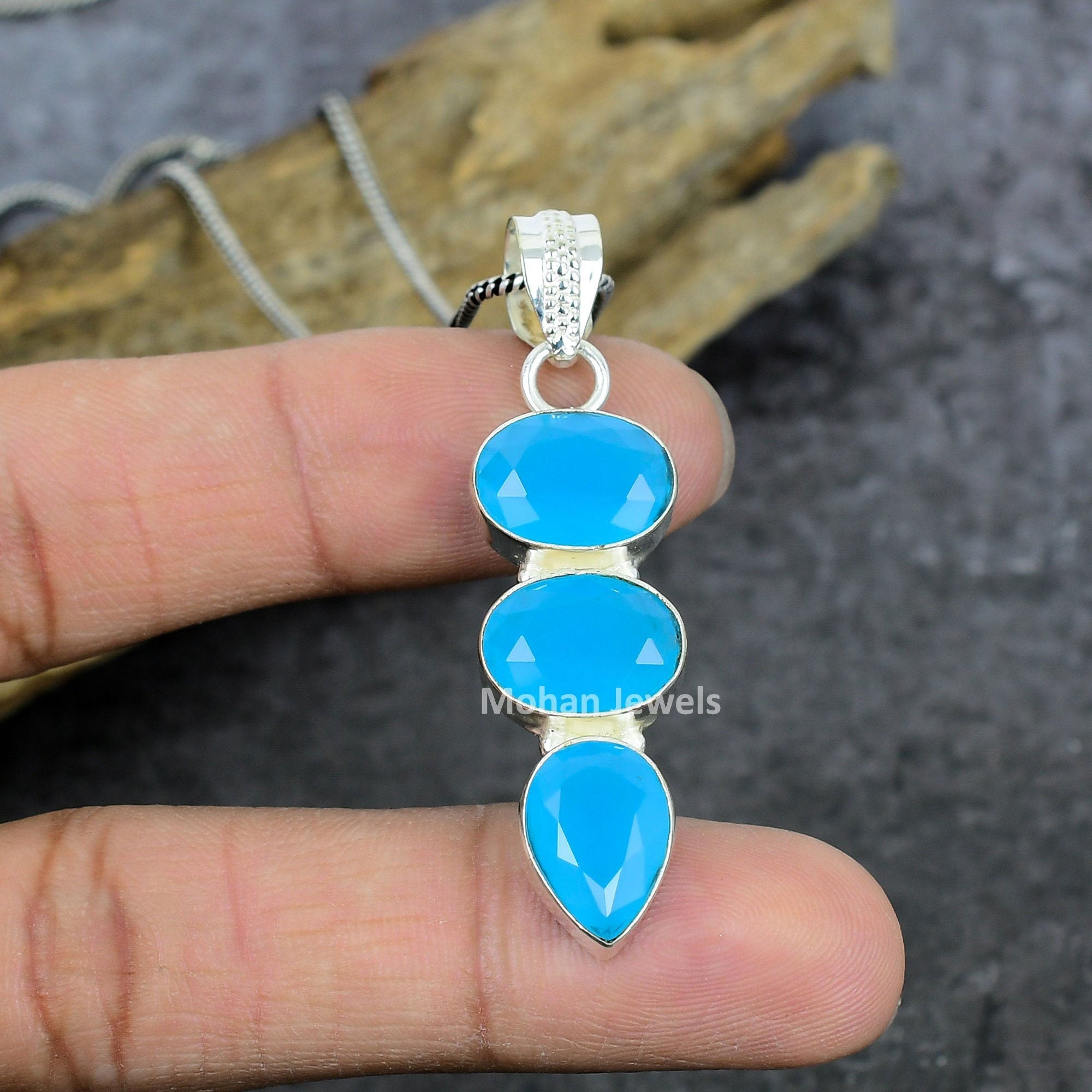 Chalcedony Pendant, Silver Plated Gemstone Pendant, Pendant with Chain, Faceted Blue Chalcedony Jewelry, Statement Pendant, Gift For Mom