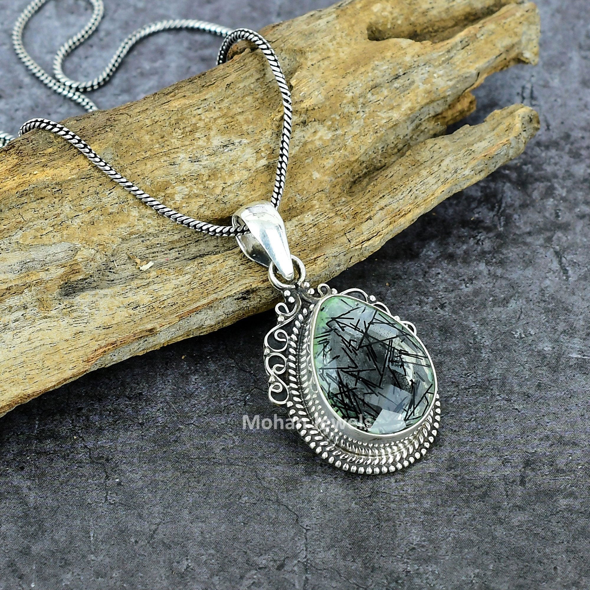 Rutile Pendant, Silver Plated Gemstone Pendant, Black Rutile Quartz Gemstone Handmade Pendant, Artisan Jewelry, Personalized Jewelry