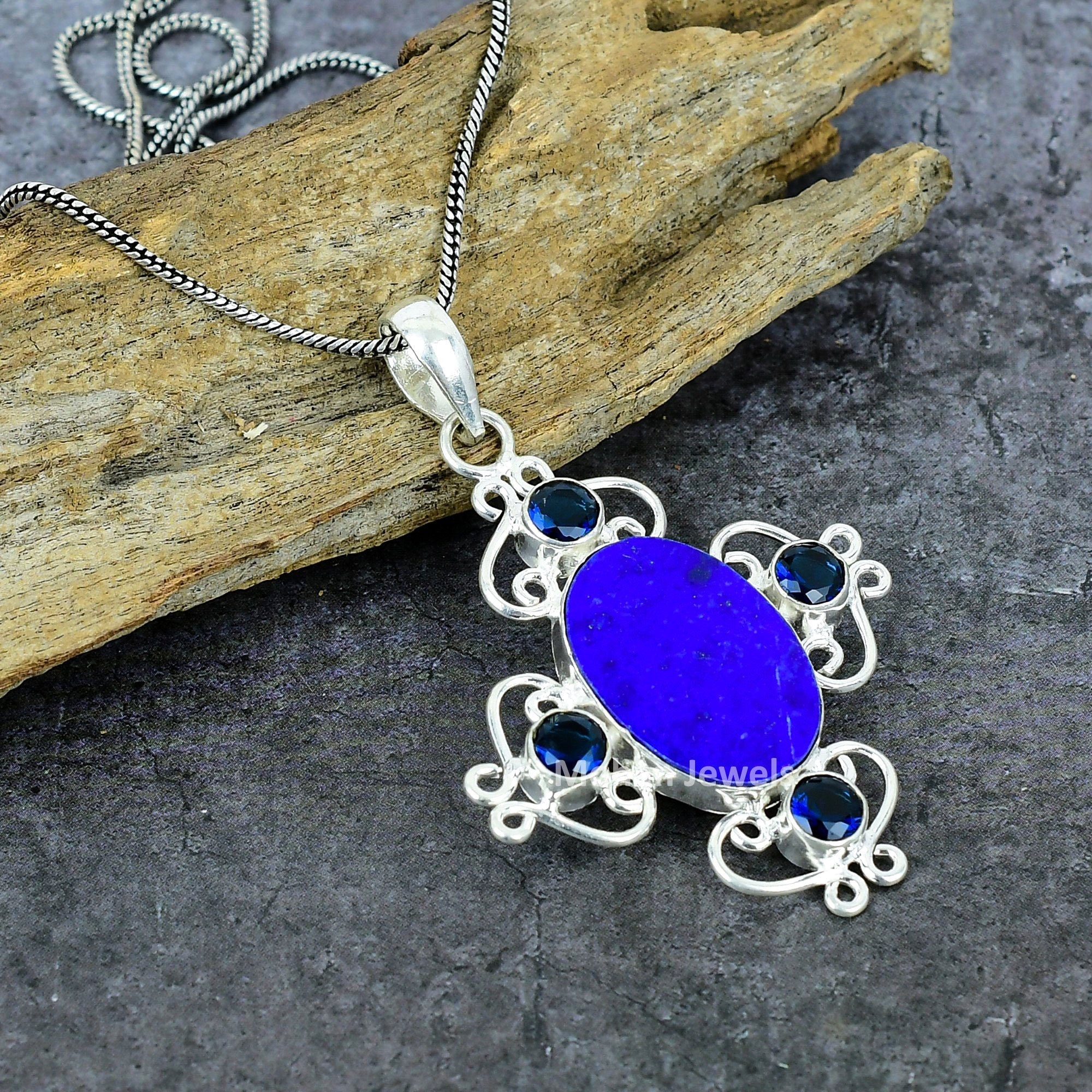 Lapis Pendant, Black Onyx Pendant, Silver Pendant, Blue Lapis Lazuli Gemstone Pendant, Filigree Pendant, Wedding Gift for Her