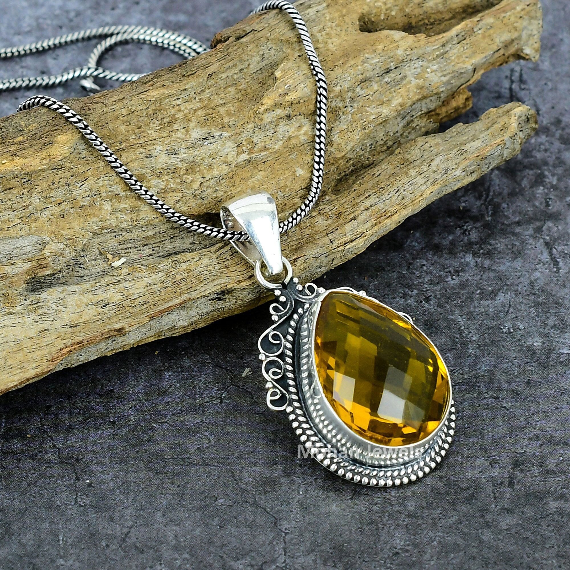 Citrine Pendant, Faceted Citrine Gemstone Pendant, Silver Plated Chain Pendant, Vintage Pendant, Antique Jewelry, Birthstone Pendant