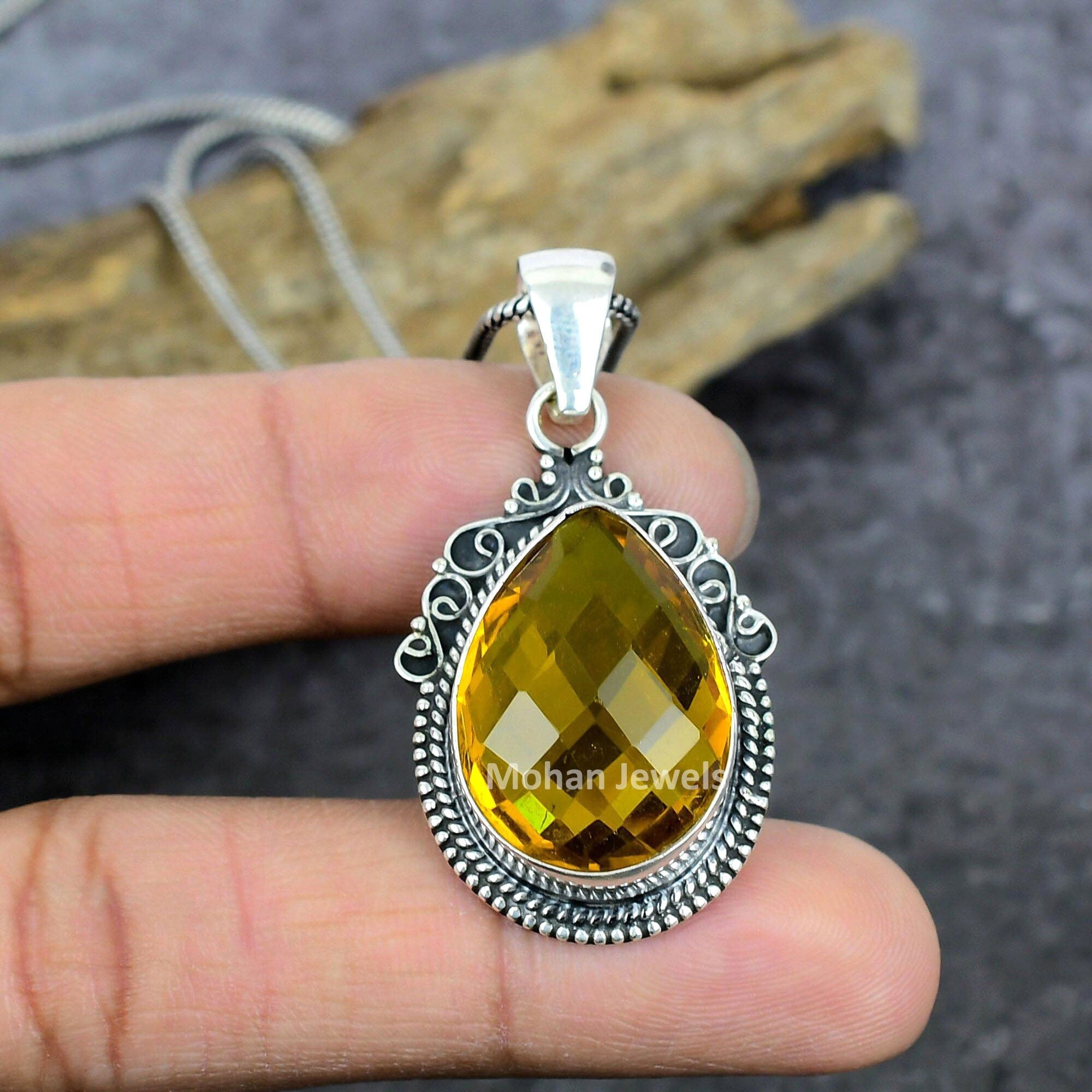 Citrine Pendant, Faceted Citrine Gemstone Pendant, Silver Plated Chain Pendant, Vintage Pendant, Antique Jewelry, Birthstone Pendant