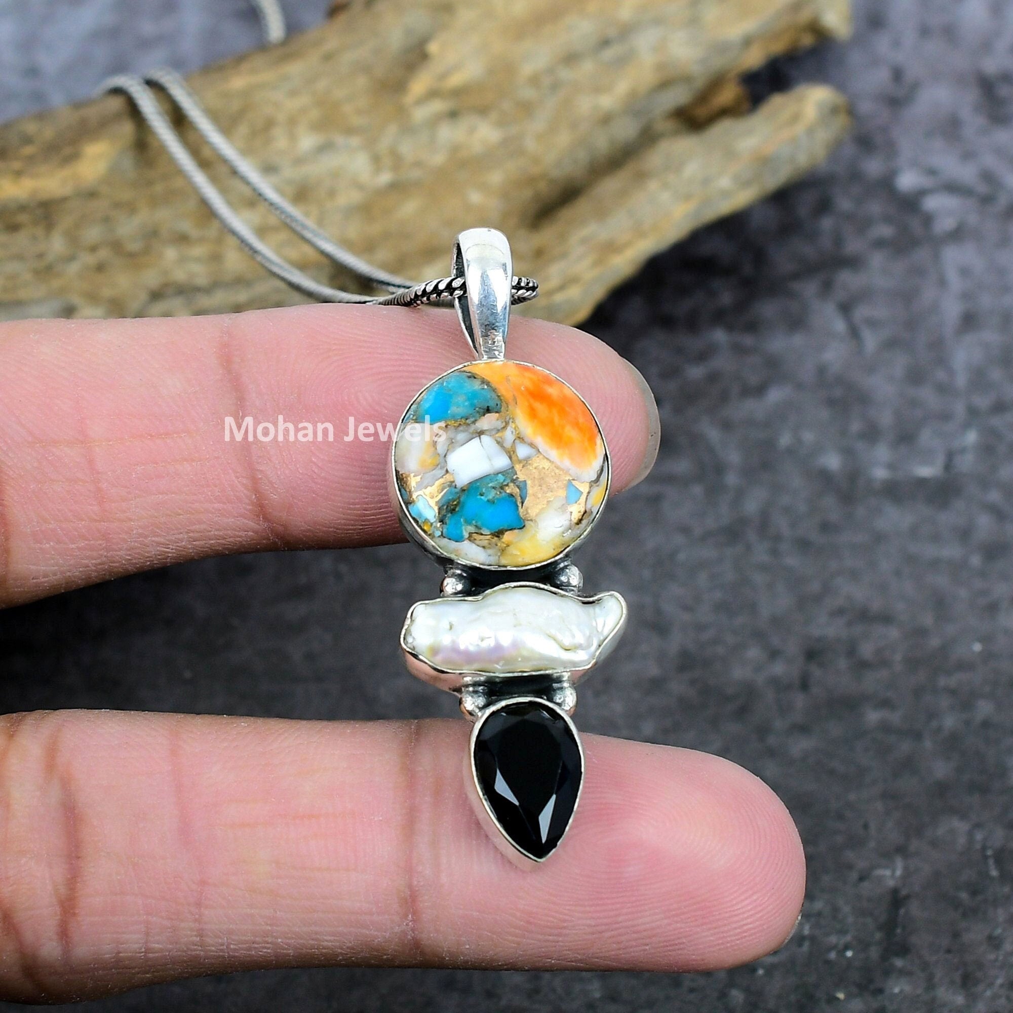 Spiny Oyster Turquoise Biwa Pearl Black Onyx Gemstone Silver Plated Pendant, Multi Stone Pendant, Turquoise Pendant, Artisan Jewelry