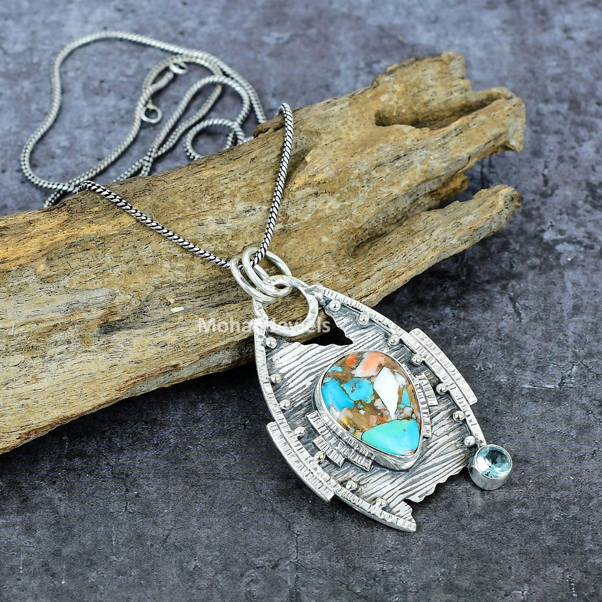 Spiny Oyster Turquoise Gemstone Pendant, Silver Plated Handmade Jewelry, South Western Tribal Jewelry, Vintage Pendant, Blue Topaz Pendant