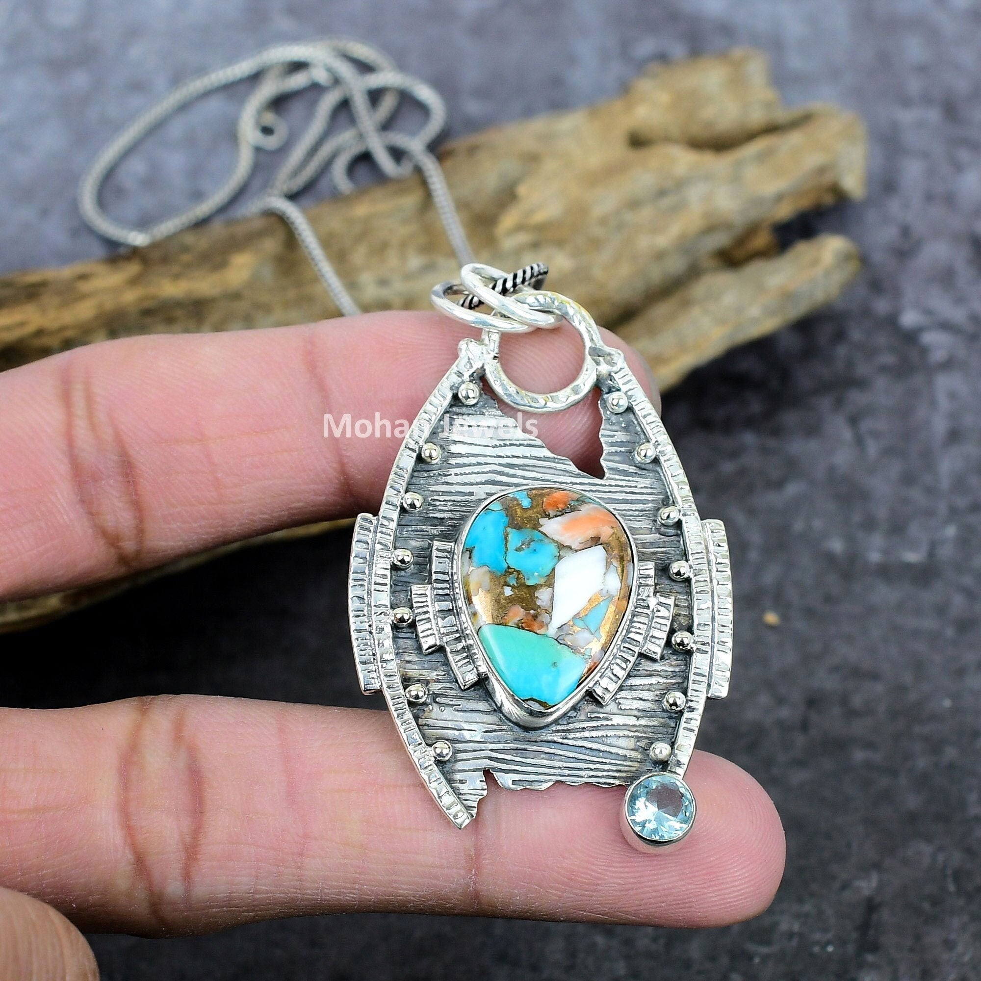 Spiny Oyster Turquoise Gemstone Pendant, Silver Plated Handmade Jewelry, South Western Tribal Jewelry, Vintage Pendant, Blue Topaz Pendant