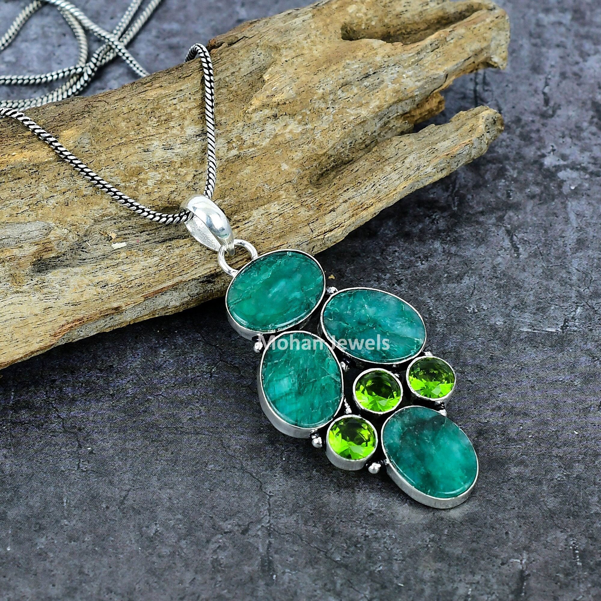 Emerald Pendant, Sakota Mines Emerald Gemstone Pendant, Silver Plated Handmade Jewelry, Boho Jewelry, Pendant with Chain, Peridot Bracelet