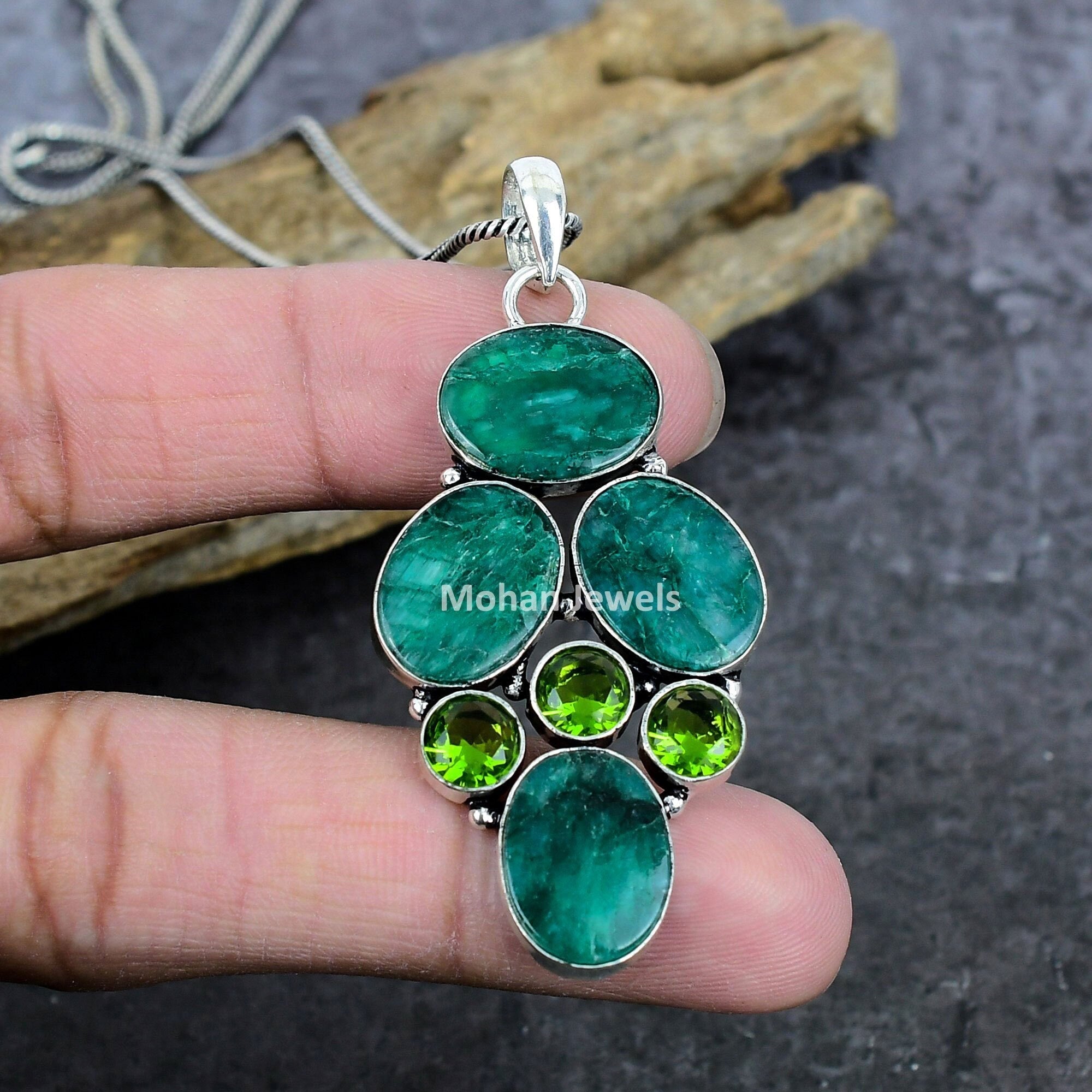 Emerald Pendant, Sakota Mines Emerald Gemstone Pendant, Silver Plated Handmade Jewelry, Boho Jewelry, Pendant with Chain, Peridot Bracelet