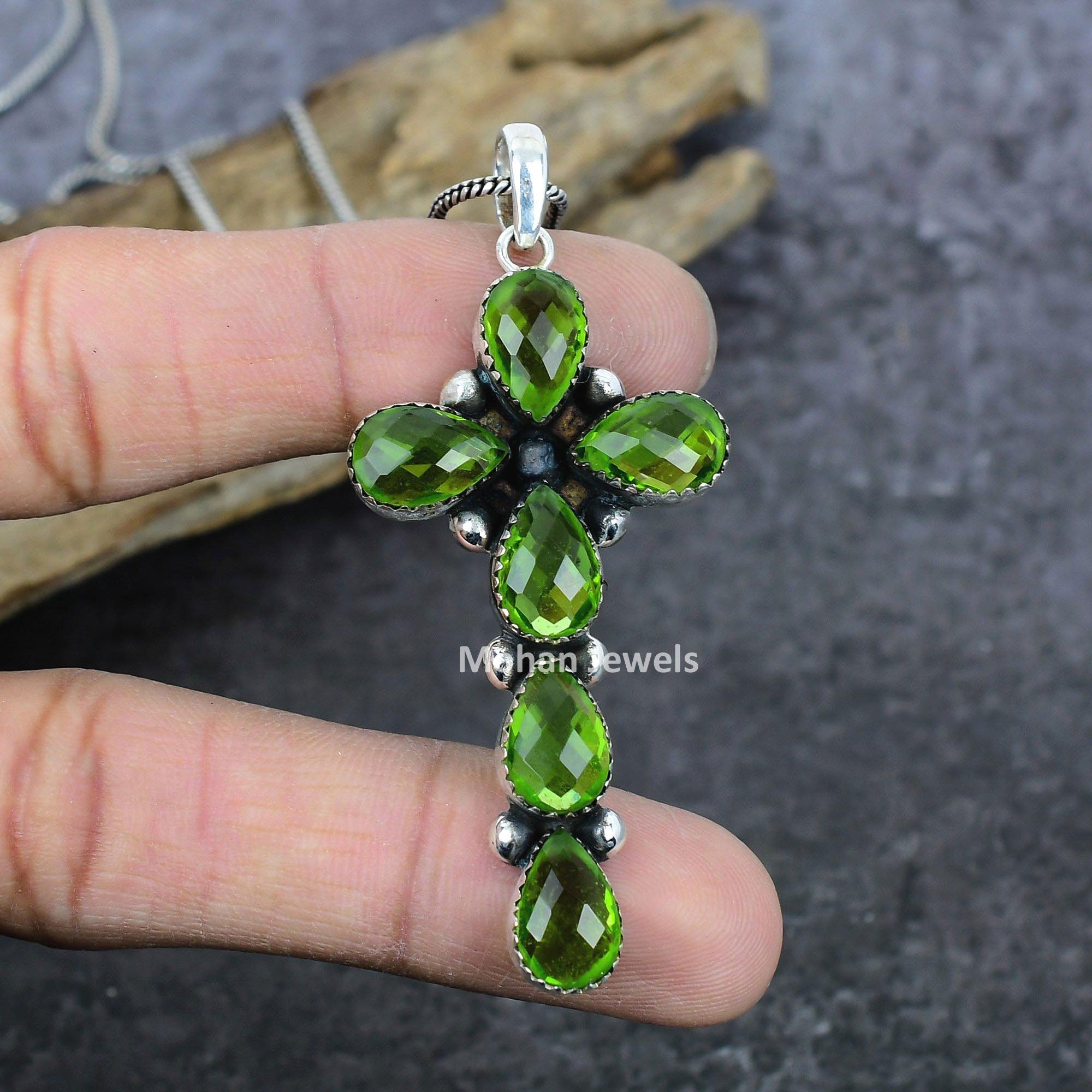 Faceted Peridot Gemstone Silver Plated Handmade Pendant with Chain, Cross Pendant, Peridot Pendant, wedding gift for her