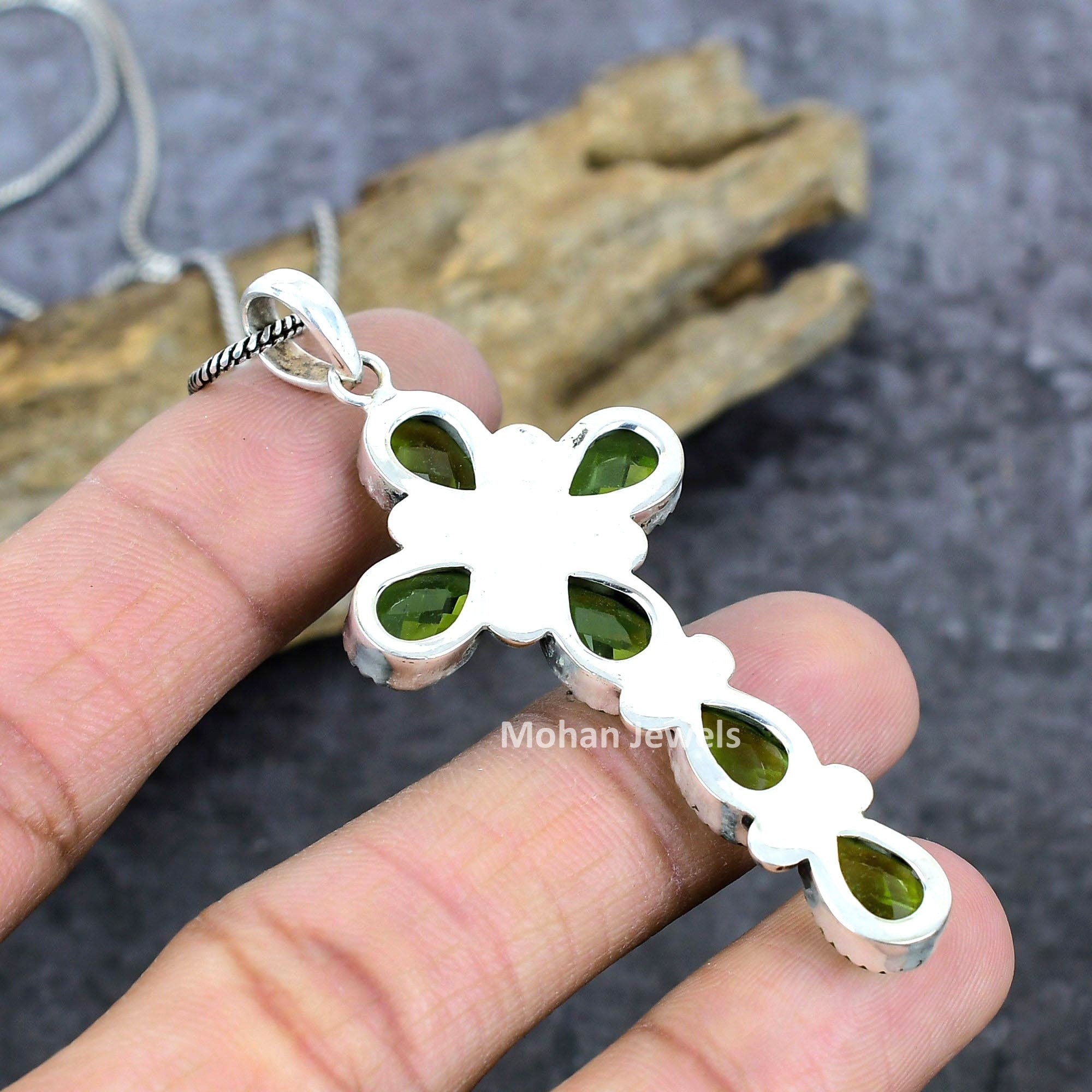 Faceted Peridot Gemstone Silver Plated Handmade Pendant with Chain, Cross Pendant, Peridot Pendant, wedding gift for her