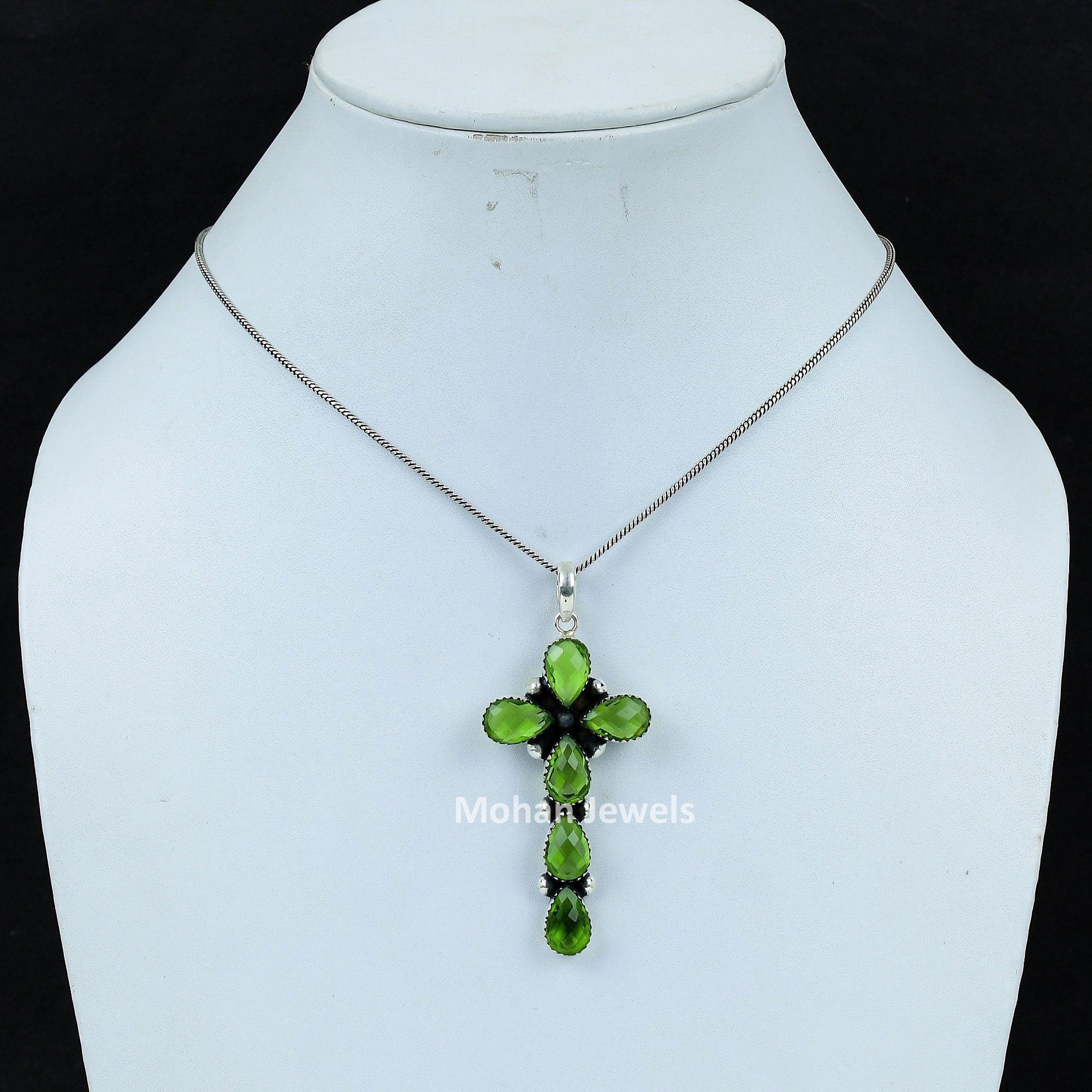 Faceted Peridot Gemstone Silver Plated Handmade Pendant with Chain, Cross Pendant, Peridot Pendant, wedding gift for her