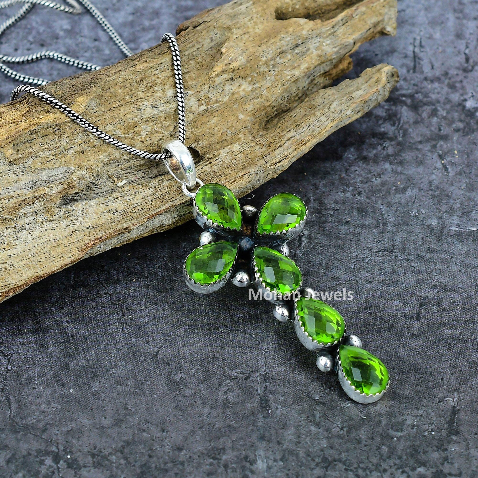 Faceted Peridot Gemstone Silver Plated Handmade Pendant with Chain, Cross Pendant, Peridot Pendant, wedding gift for her