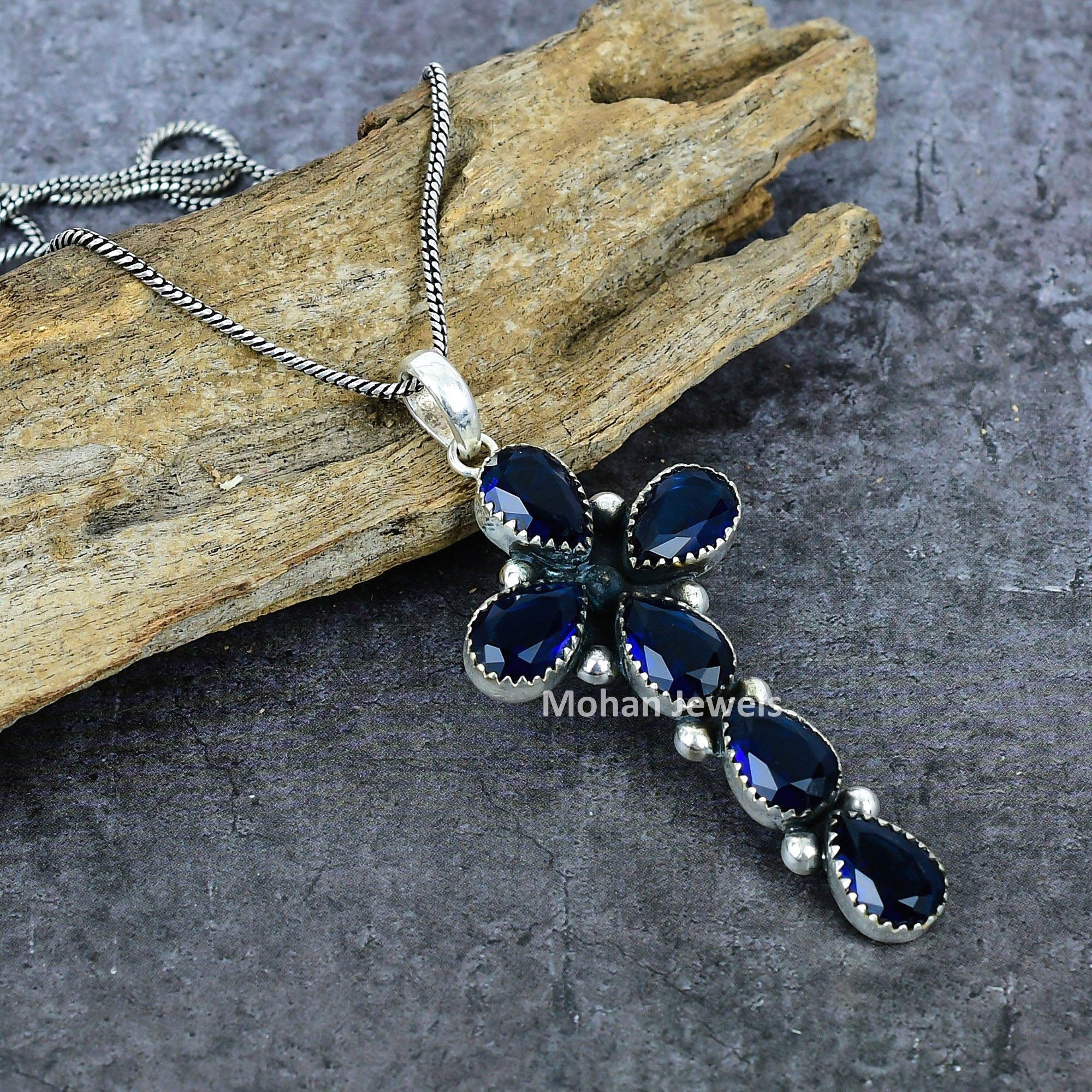 Faceted Blue Sapphire Gemstone Silver Plated Handmade Pendant with Chain, Cross Pendant, Sapphire Pendant, Dainty Pendant, Anniversary Gift