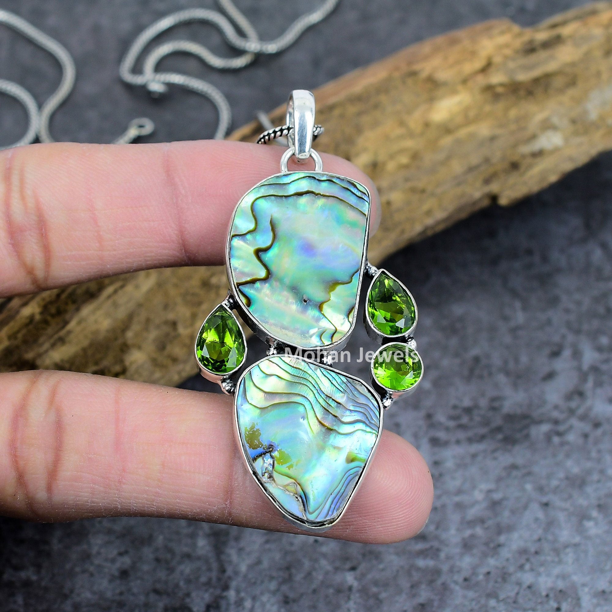 Abalone Shell Pendant, Gemstone Silver Plated Pendant, Paua Shell Pendant, Peridot Jewelry, Healing Stone, Multi Stone Pendant