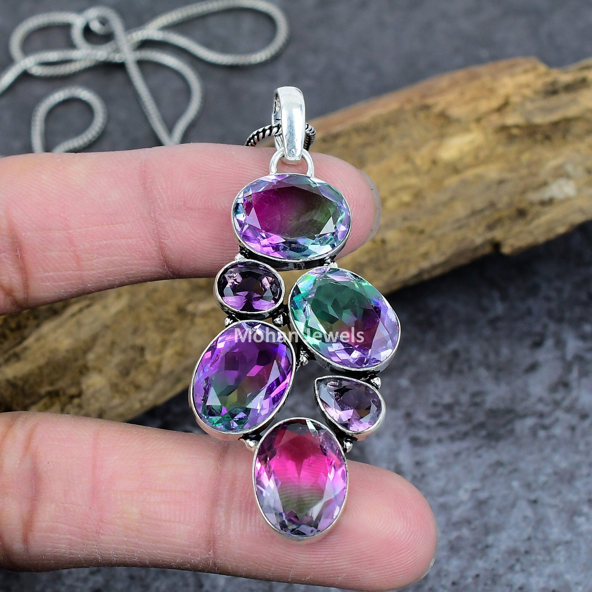 Bi Color Tourmaline Gemstone Silver Plated Handmade Pendant Jewelry, Amethyst Pendant, Tourmaline Pendant, Multi Stone Pendant