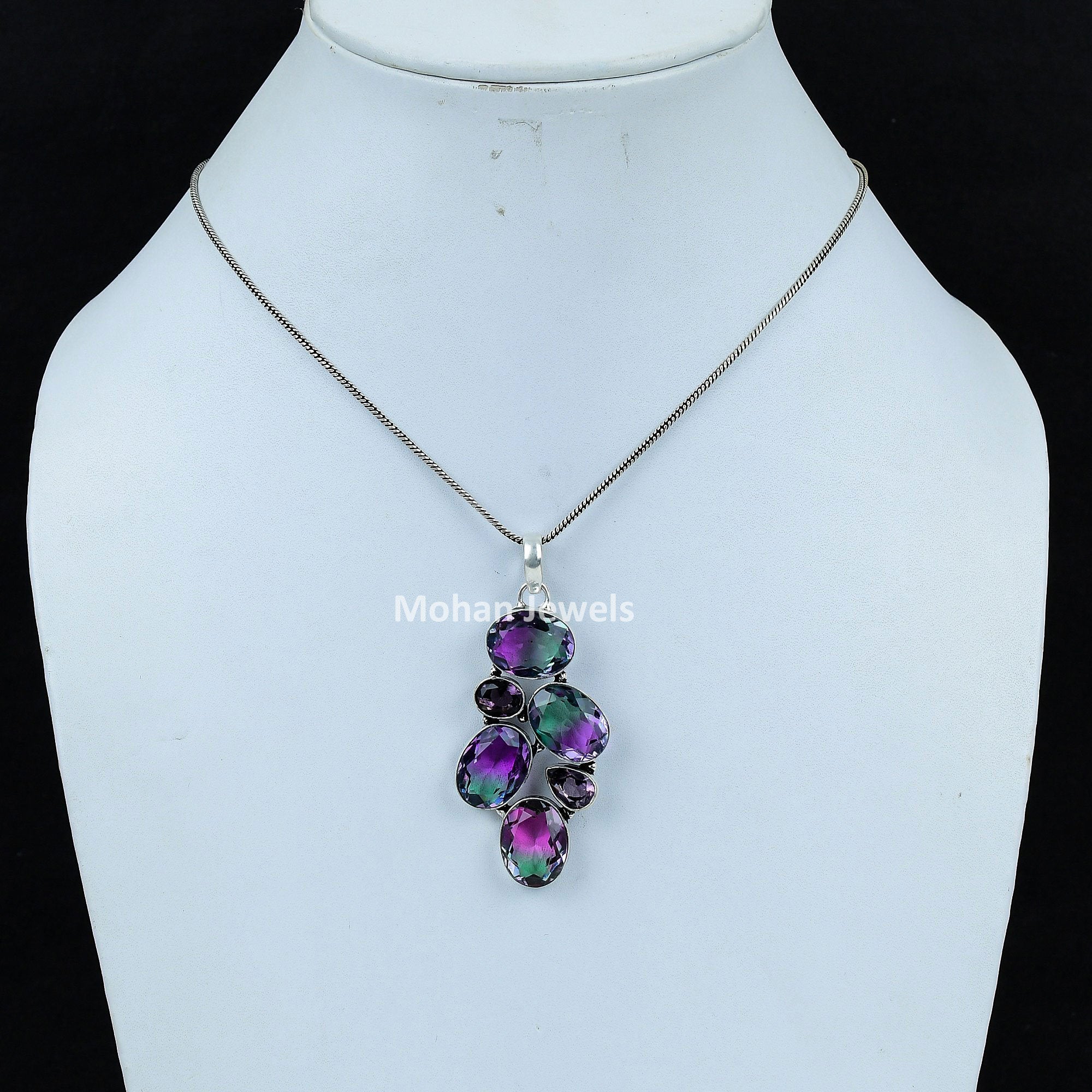 Bi Color Tourmaline Gemstone Silver Plated Handmade Pendant Jewelry, Amethyst Pendant, Tourmaline Pendant, Multi Stone Pendant