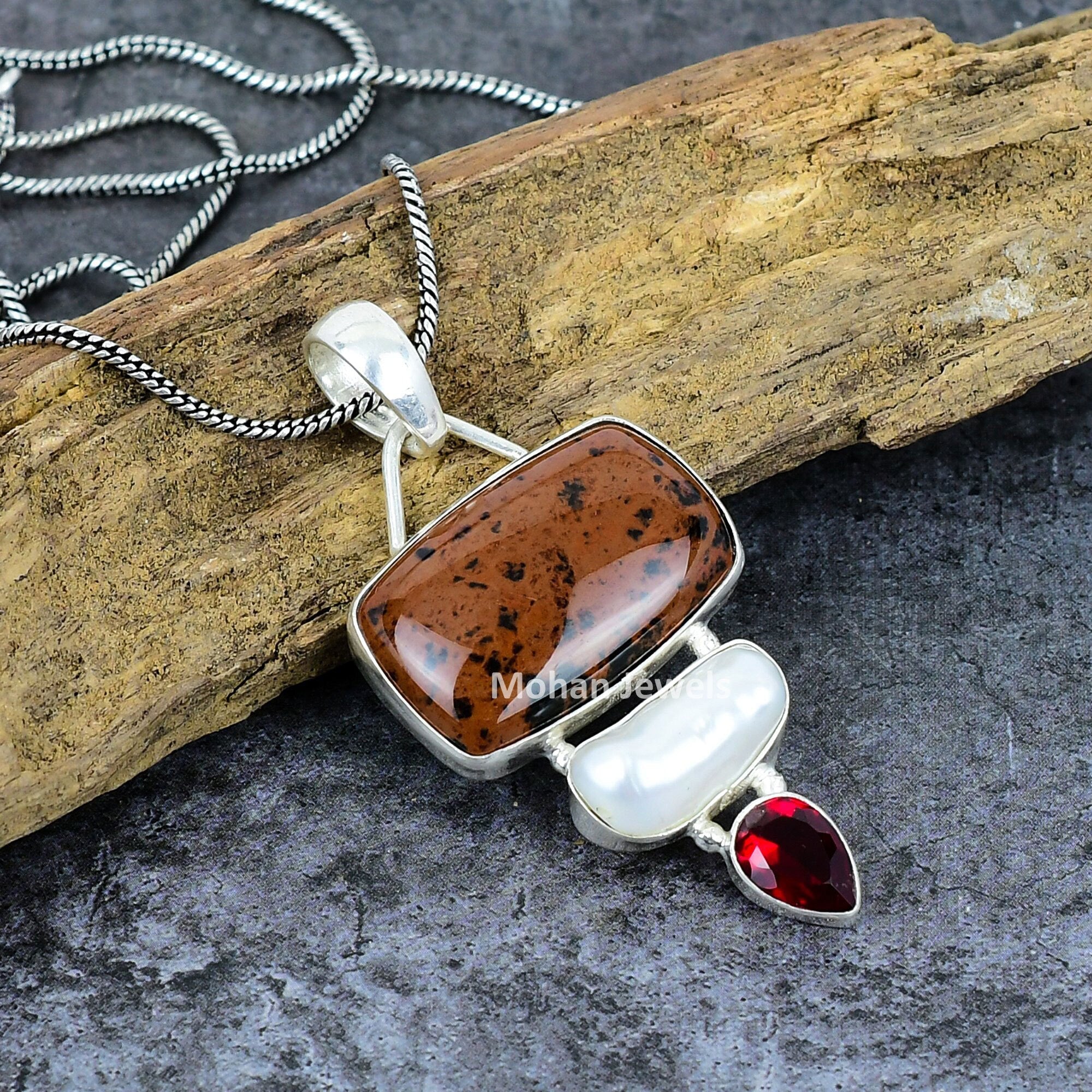 Mahogany Obsidian Biwa Pearl Garnet Gemstone Silver Plated Handmade Pendant Jewelry, Multi Stone Pendant, Obsidian Gemstone Pendant