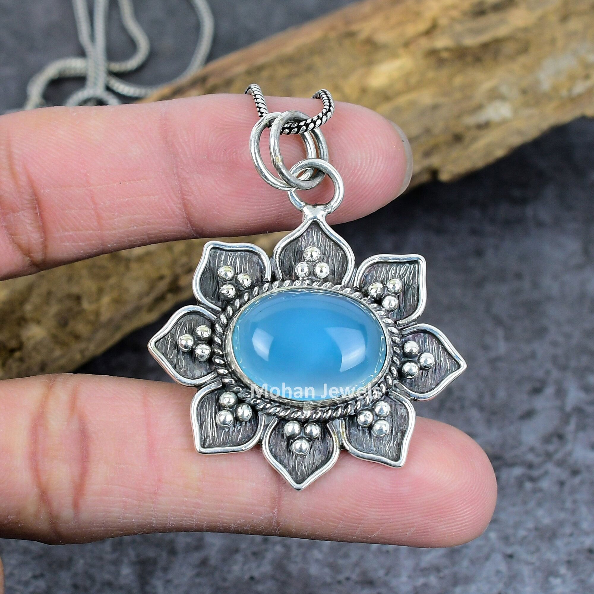 Blue Chalcedony Pendant, Gemstone Silver Plated Pendant, Flower Pendant, Chalcedony Jewelry, Healing Stone, Vintage Jewelry, Mother Gift