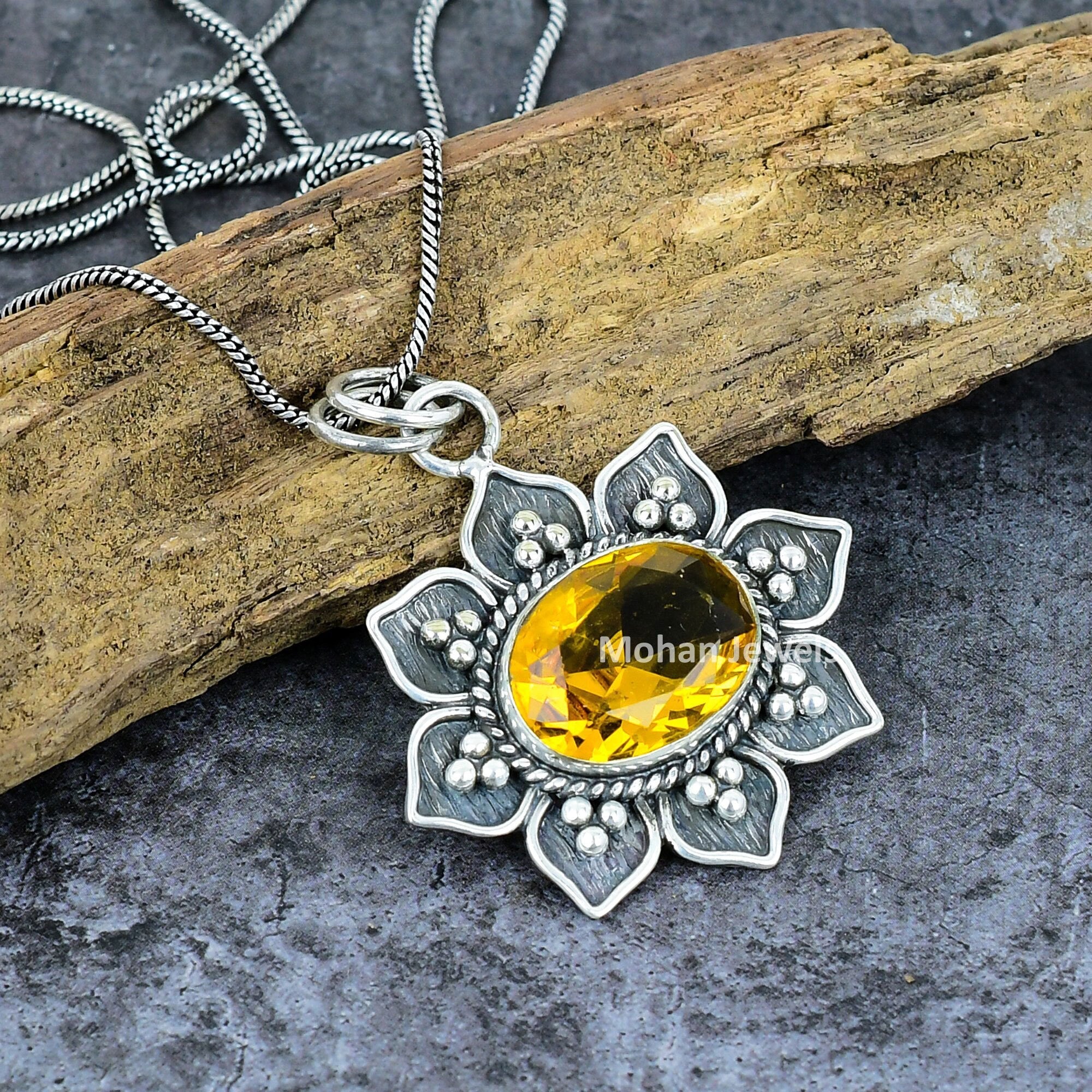 Citrine Pendant, Gemstone Silver Plated Pendant, Flower Pendant, Yellow Stone Jewelry, Healing Stone, Artisan Jewelry, Bohemian Jewelry