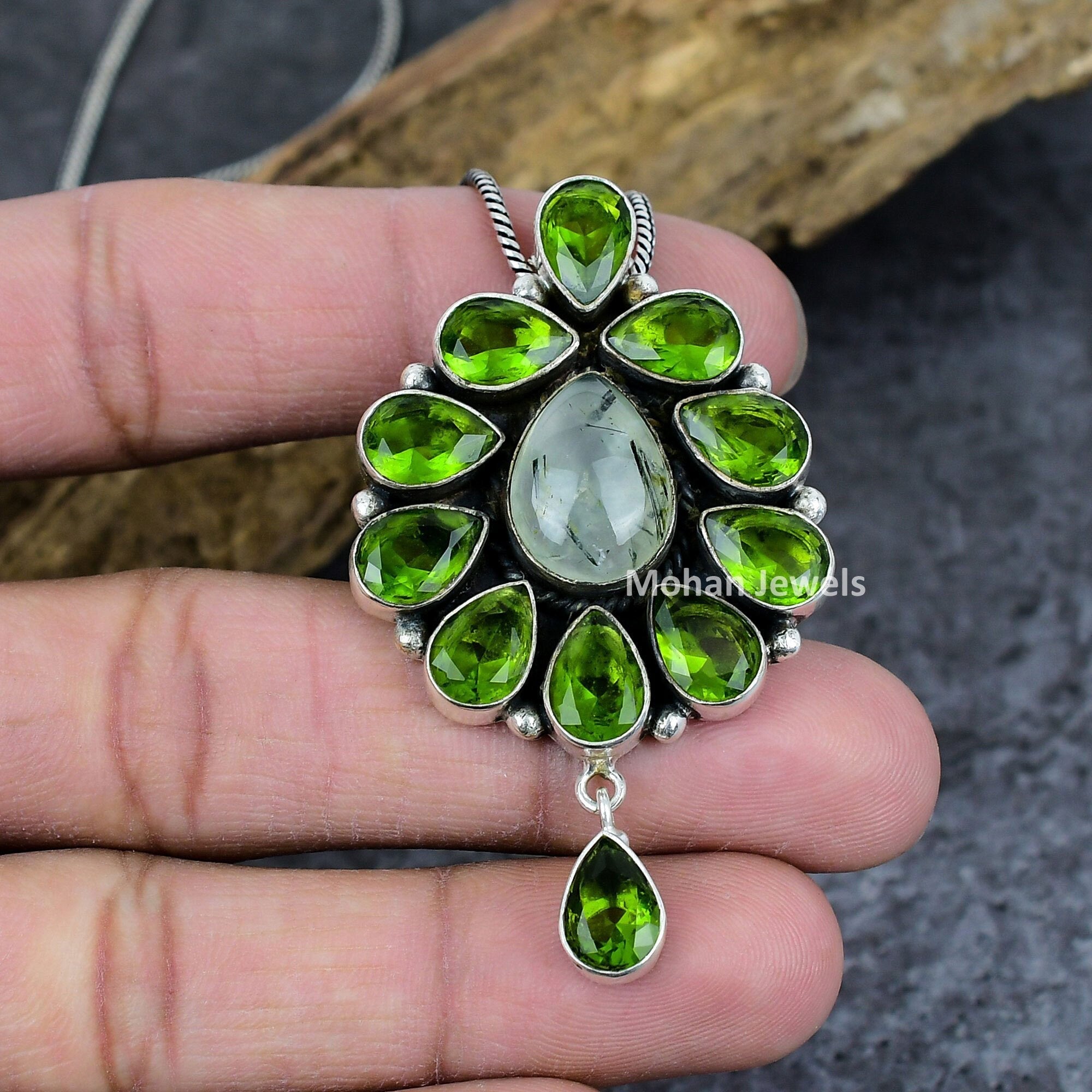 Prehnite Pendant, Peridot Pendant, Silver Plated Pendant, Moss Agate Gemstone Pendant, Cluster Pendant, Multi stone Pendant with Chain